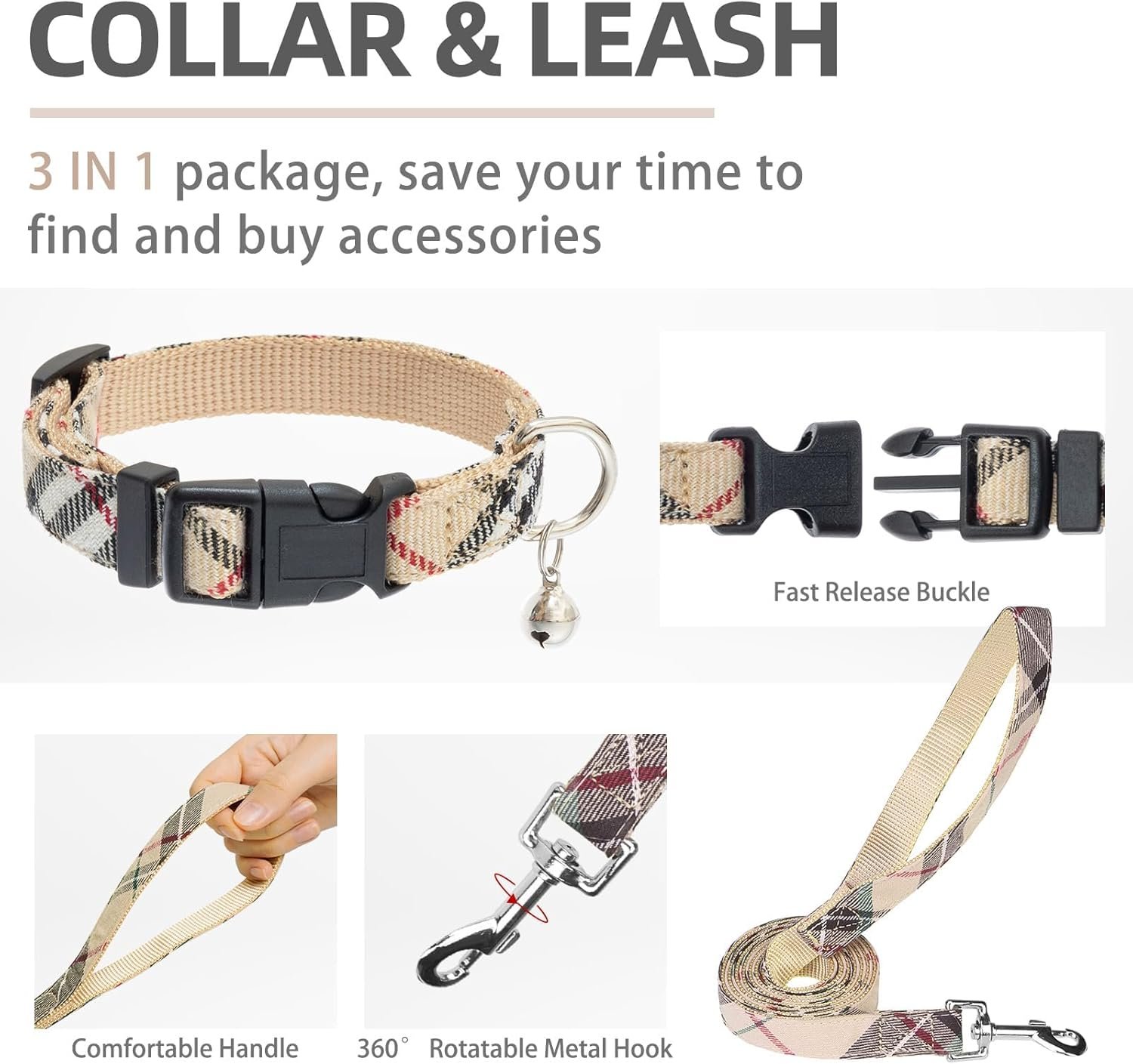 PUPTECK Adjustable Dog Harness Collar and Leash Set Step in No Pull Pet Harness for Small Medium Dogs Puppy and Cats Outdoor Walking Running, Soft Mesh Padded Reflective Vest Harnesses, Beige S - Image 4