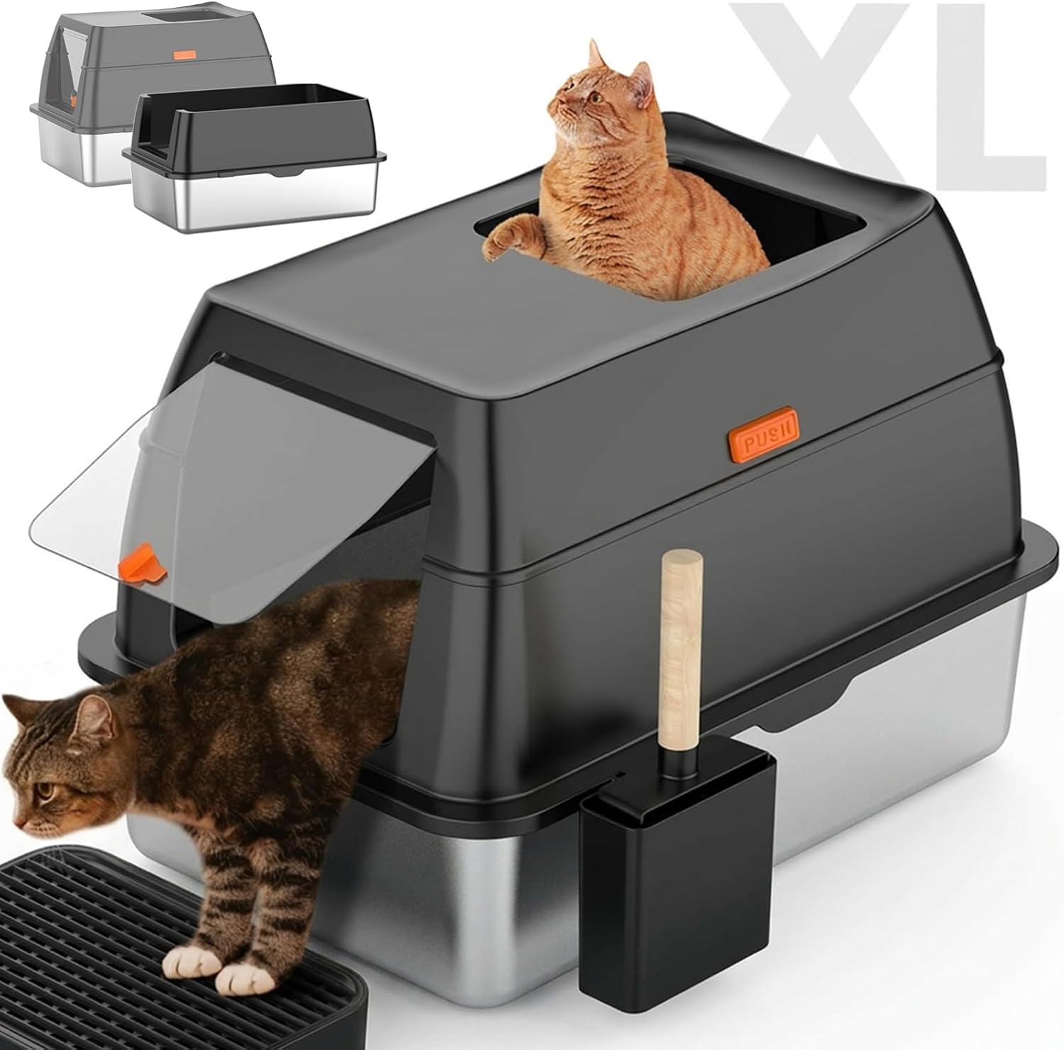 Stainless Steel Litter Box with Lid,Front Entry Top Exit Kitty LitterBox,Extra Large Enclosed Metal Cat Box with Litter Scoop & Litter Mat-Black - Image 9