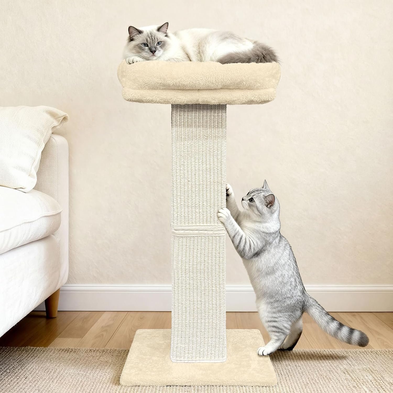 Cat Scratching Post with Plush Perch for Indoor Cats, 32 Inch, Beige | Removable & Washable Cover, Sisal Scratch Post With a Large Elevated Bed, Heavy Duty Post for Cat Adults to Protect Furniture - Image 6