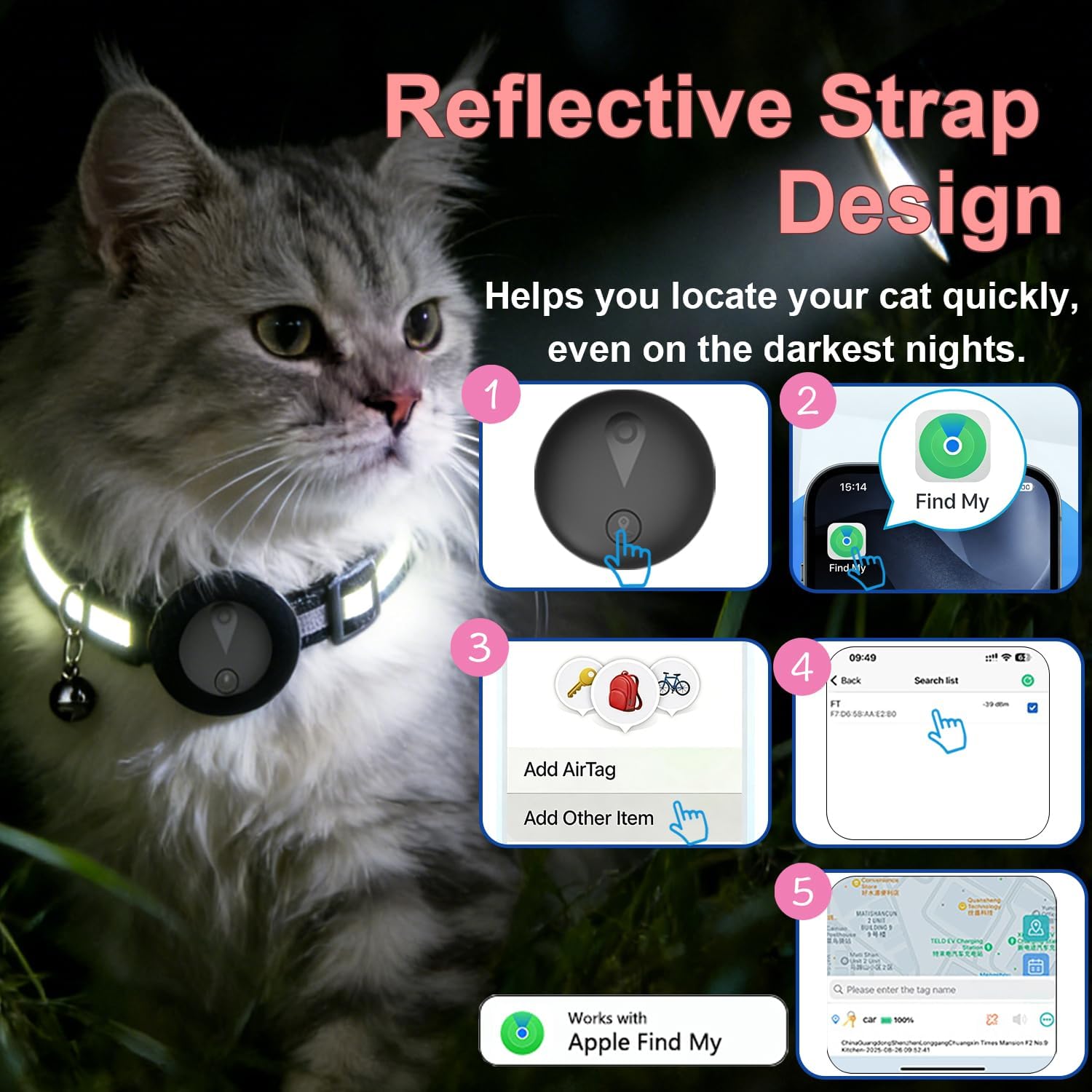 Pet GPS Tracker Collar for Cats,Mini GPS Dog Tracker,No Monthly Fee Location,Smart Pet Activity Tracker,Works with Apple iOS Find My,IP67 Waterproof Finder Tag Global Tracking - Image 2