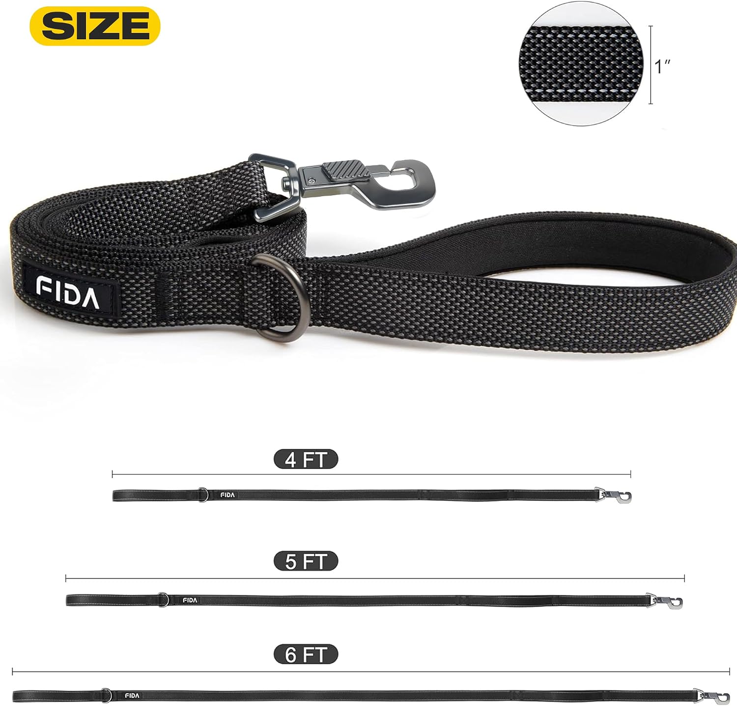 Fida 4 FT Heavy Duty Dog Leash with 2 Comfortable Padded Handles, Traffic Handle & Advanced Easy Snap Hook, Reflective Walking Lead for Large, Medium & Small Breed Dogs (4 FT x 1" Wide, Black) - Image 5
