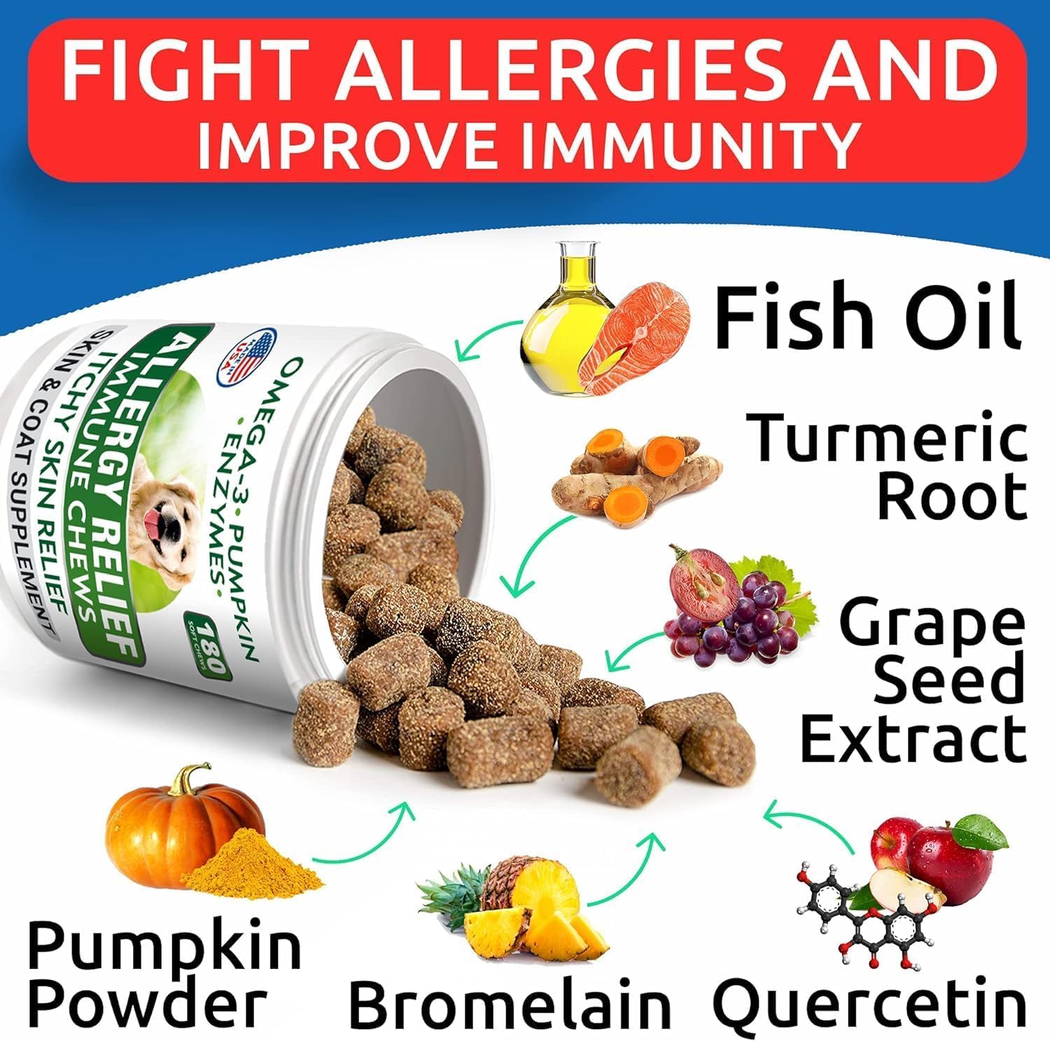 BARK&SPARK Dog Allergy Relief Soft Chews for Skin Health & Seasonal Allergies - Anti-Itch Supplement w/Omega-3, Quercetin & Bromelain Immune Treats for Dry Skin & Hot Spots - Chicken Liver - 180ct - Image 4