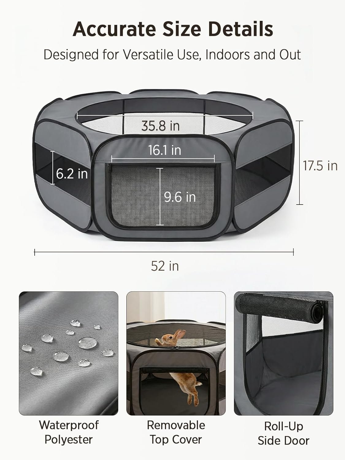 UWE Extra Large Small Animal Playpen, Waterproof Foldable Pet Pen,Dark Grey | Claw-Resistant Mesh With Thickened Waterproof Base, Side & Top Dual Doors, Easy To Fold Design For Indoor And Outdoor Use - Image 3