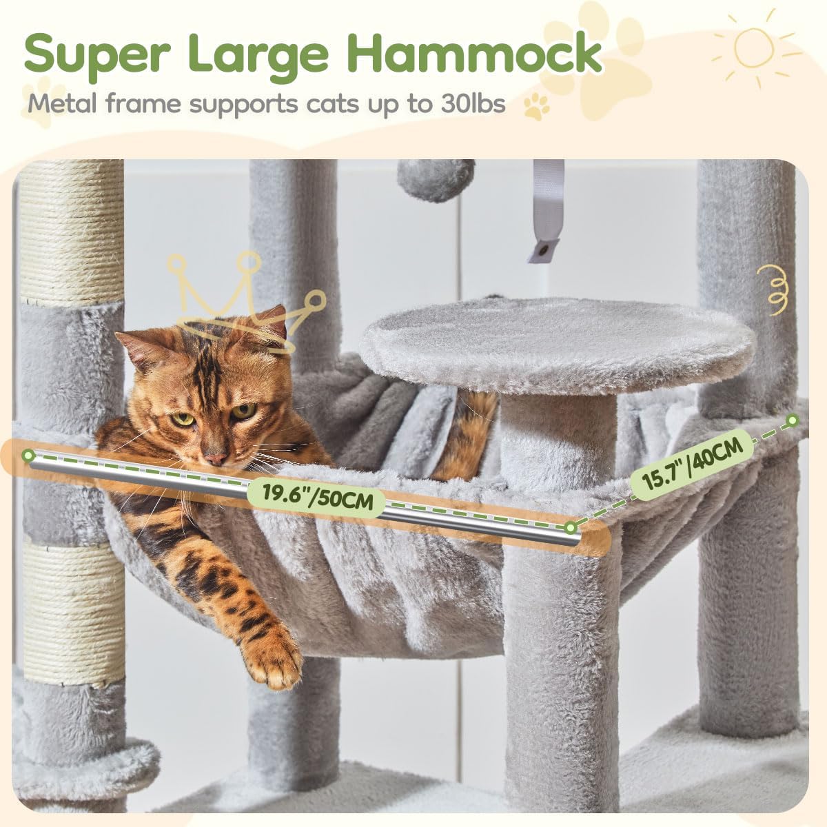 Taoqimiao 72 Inches Cat Tree for Large Cats, Multi-Level Tall Cat Tower, Widened Cat Condo with Large Scratch Board, 5 Scratching Posts, Metal Hammcock, Cozy Basket, Light Gray, MS045W - Image 5