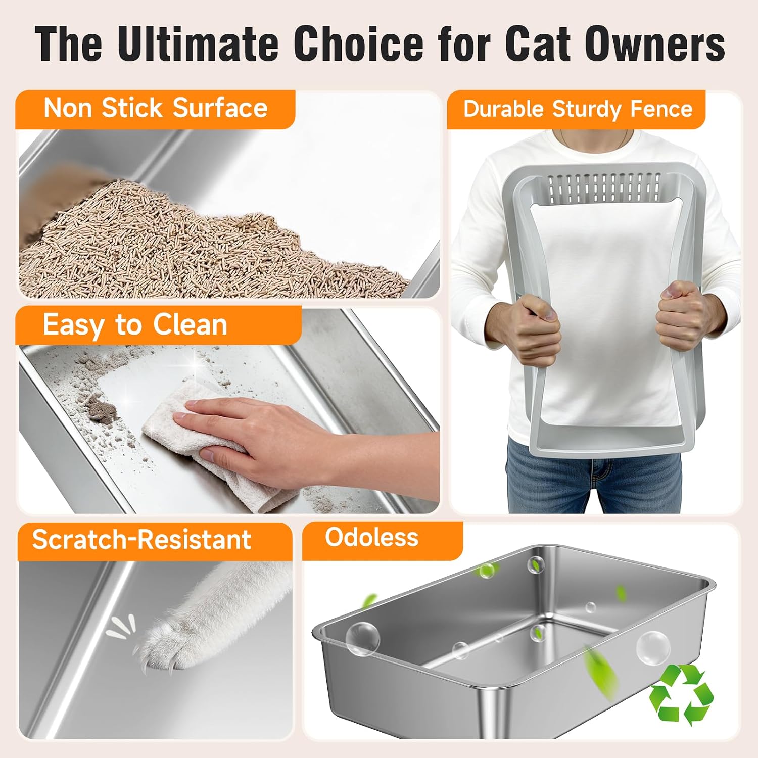 Stainless Steel Cat Litter Box, Extra Large XL Odor Free Metal Litter Box with High Sides Lid, Open Top Litter Pan Include Scoop Easy Cleaning Kitty Cat Box Anti-Urine Leakage, Non-Sticky - Image 6