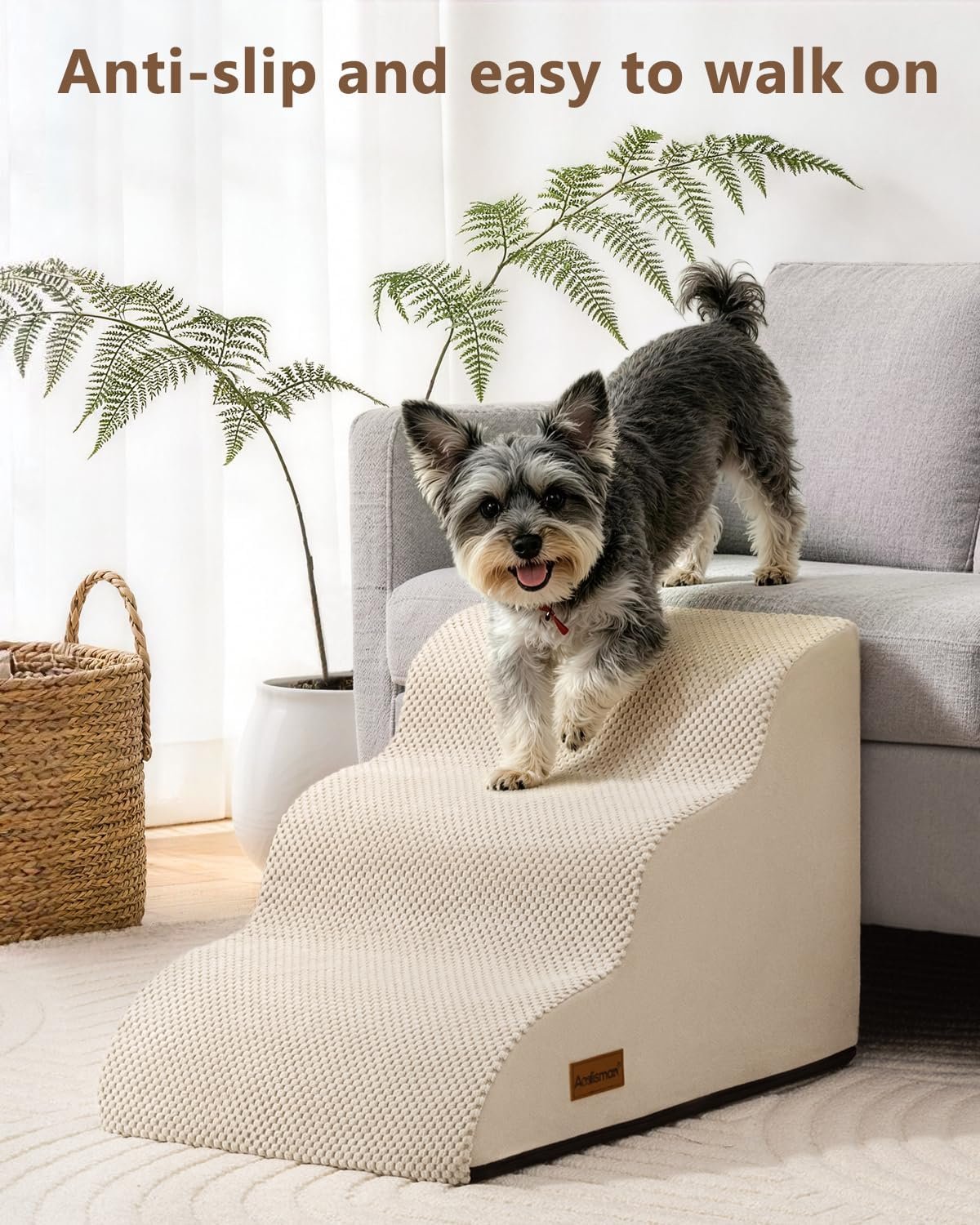 Aodisman Dog Stairs for Small Dogs,3 Step Dog Ramp for Couch,Non-Slip Steps | Pet stairs help small dogs, old cats, and puppies reach couches and chairs easily, durable indoor dog steps,15.4" H,Beige - Image 2