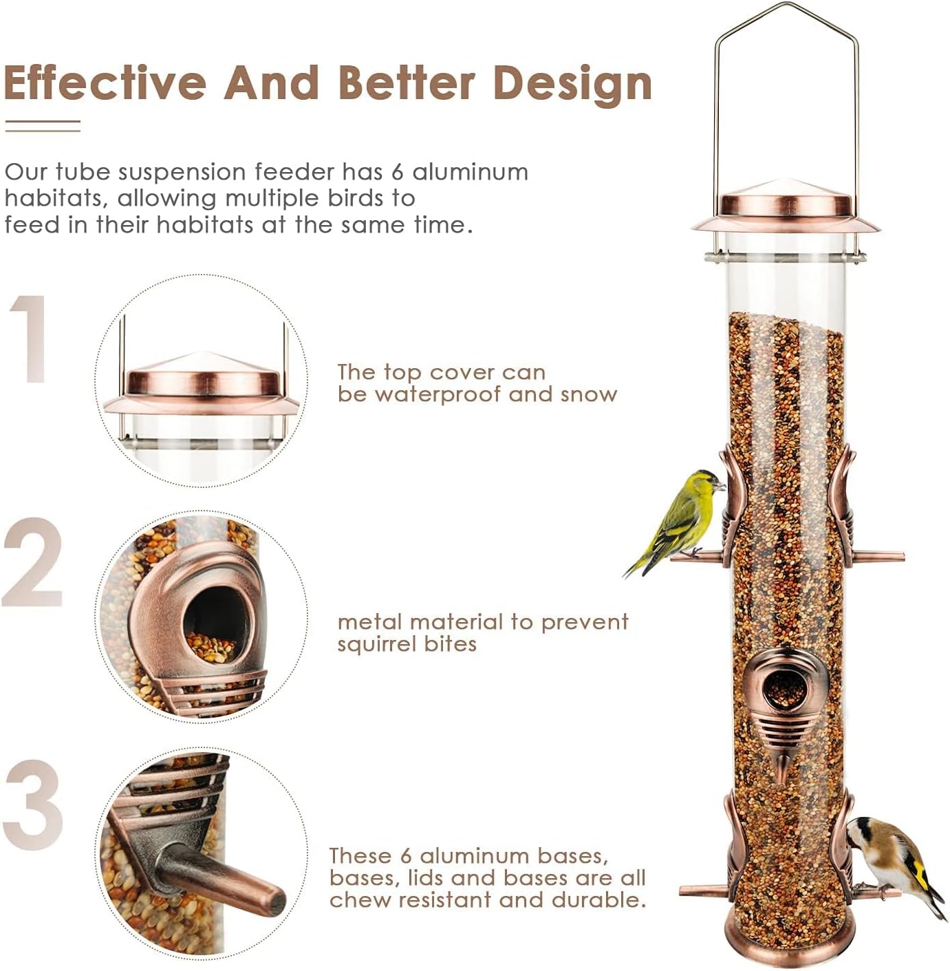 1PK Metal Wild Bird Feeder,Squirrel Proof Bird Feeders for Outside,Hanging 6 Port Tube Bird Feeder,Finch Bird Feeder for Attracting Birds in Your Lawn, Garden, Balcony-Antique Copper - Image 7