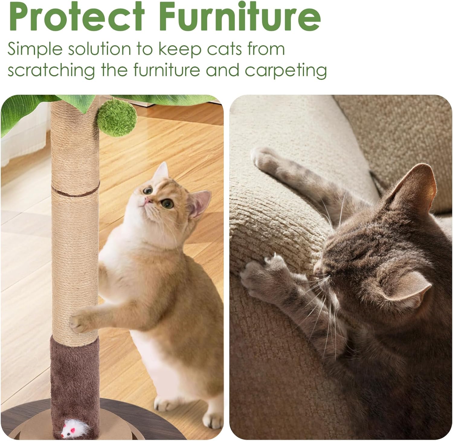35" Sisal Rope Cat Scratching Post, Palm Leaf Cat Tree with Hanging Ball & Mouse Toy for Kittens & Adult Indoor Cats - Image 3