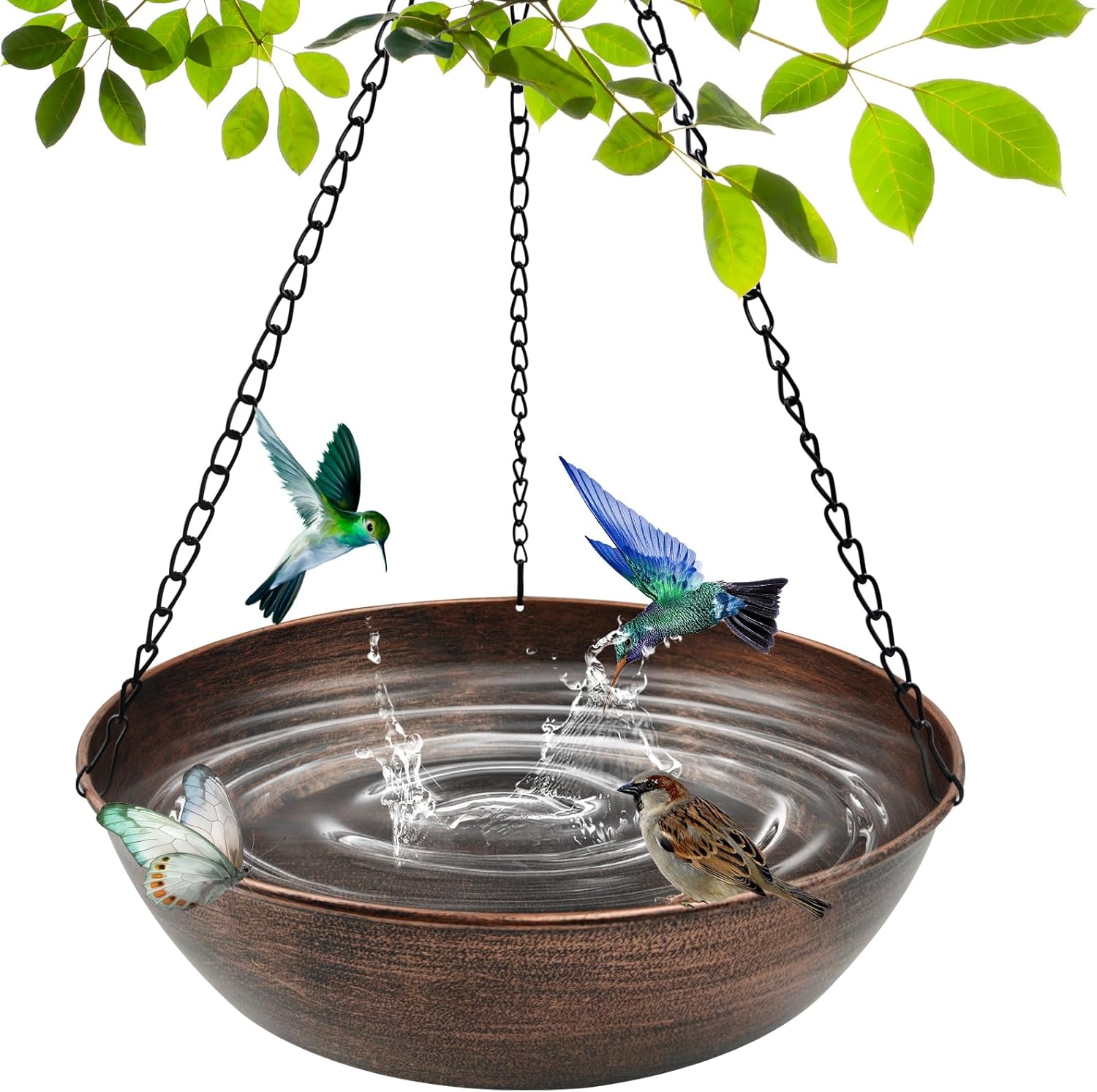 13" Metal Hanging Bird Bath with Chains and Hook | 3" Deep Bowl, 1.4Gal Capacity, 3 Chain Support, Easy Cleaning, Rust Resistant, Birdbath or Bird Feeder Garden Decor