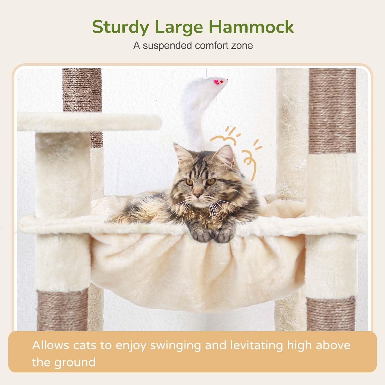 Globlazer Cat Tree Tower with Scratching Post for Indoor Cats, 53inch Tall Plush Multi-Level Cat Climbing Tower Condo House with Large Hammock, Spacious Cat Cave, Big Padded Top Perch Bed, F53, Beige - Image 4