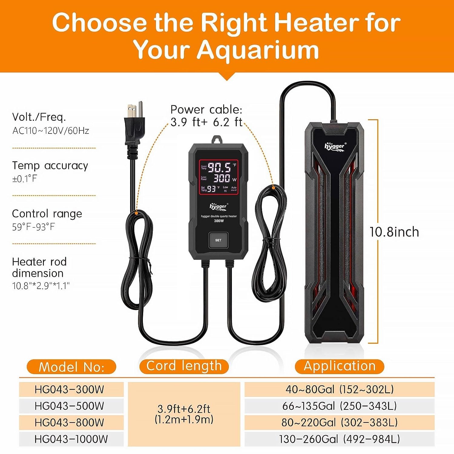 hygger Aquarium Heater 300W/500W/800W/1000W, Submersible Fish Tank Heater with Digital LED Controller and Intelligent Leaving Water Automatically Stop Heating System, for Freshwater and Saltwater - Image 5