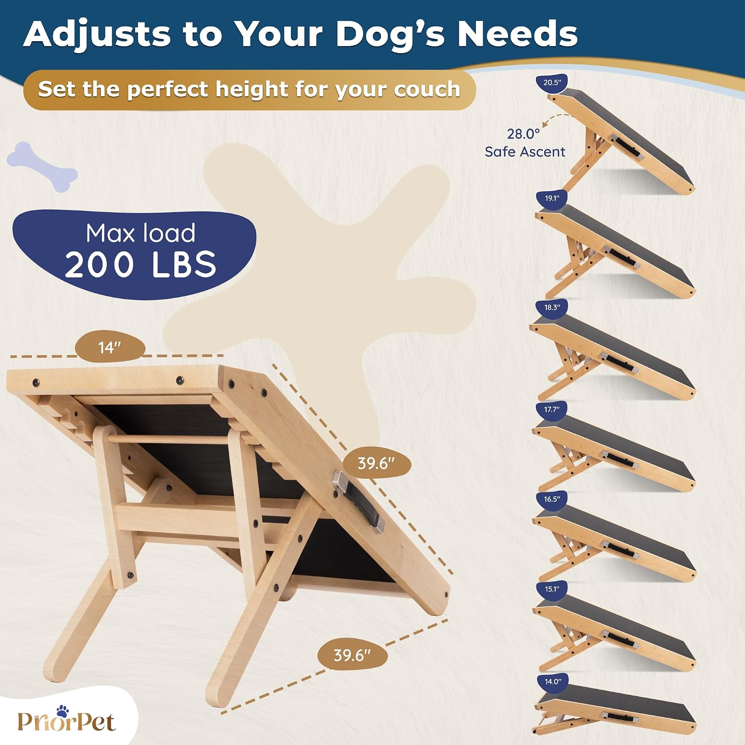 Dog Ramp for Couch – Non-Slip, Sturdy Build Foldable Wooden Dog Ramp – Supports up to 200 lbs – 7 Adjustable Heights (14"–20.5") – Enhanced Stability – Birchwood Pet Ramp for Small Dogs – Natural - Image 5