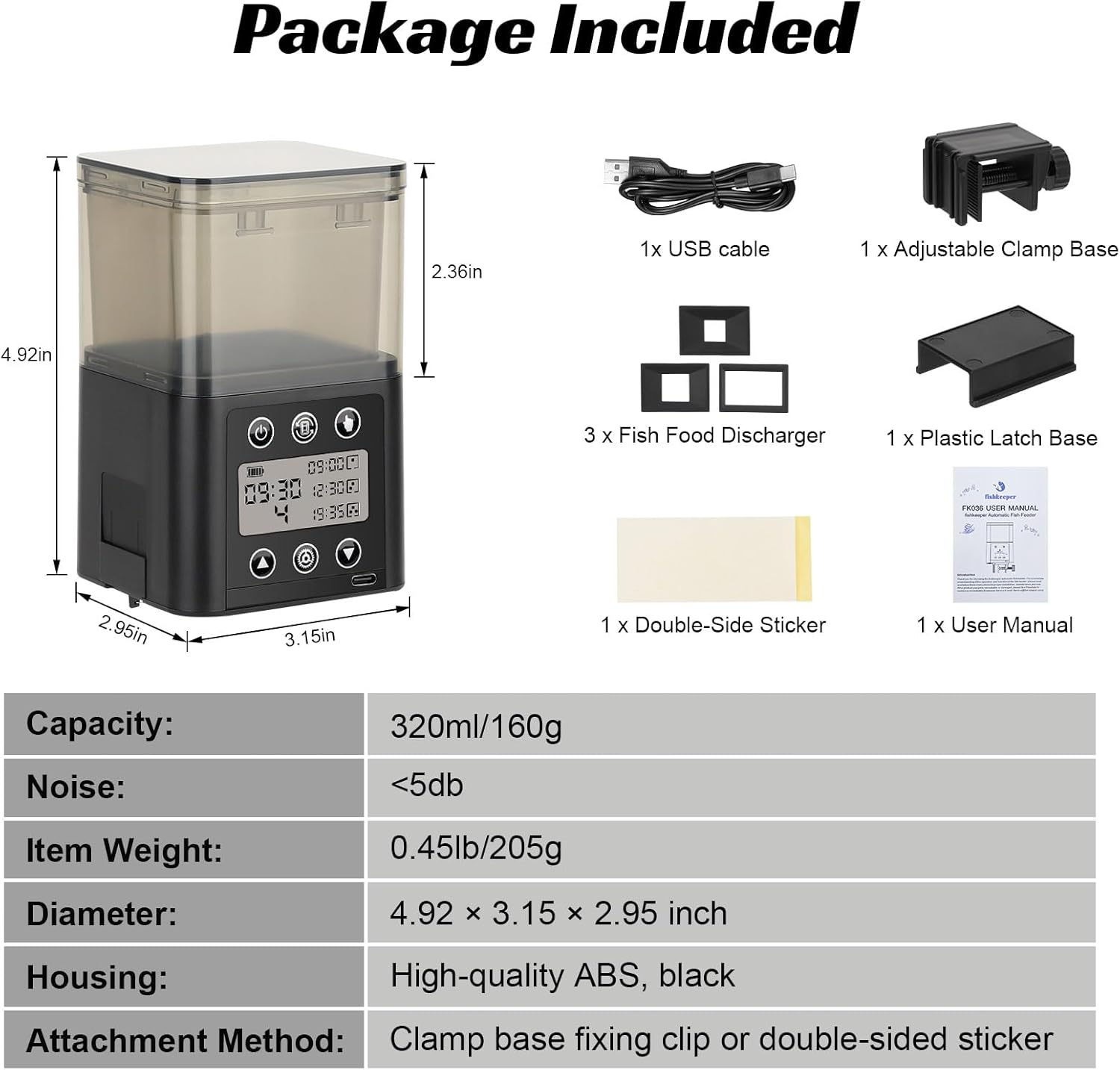 fishkeeper USB Automatic Fish Feeder for Aquarium, 320ML for 3~6 Months | Large Capacity Fish Feeder Automatic Dispenser with LCD Display, Programmable Timer, Adjustable Feeding Frequency and Amount - Image 6