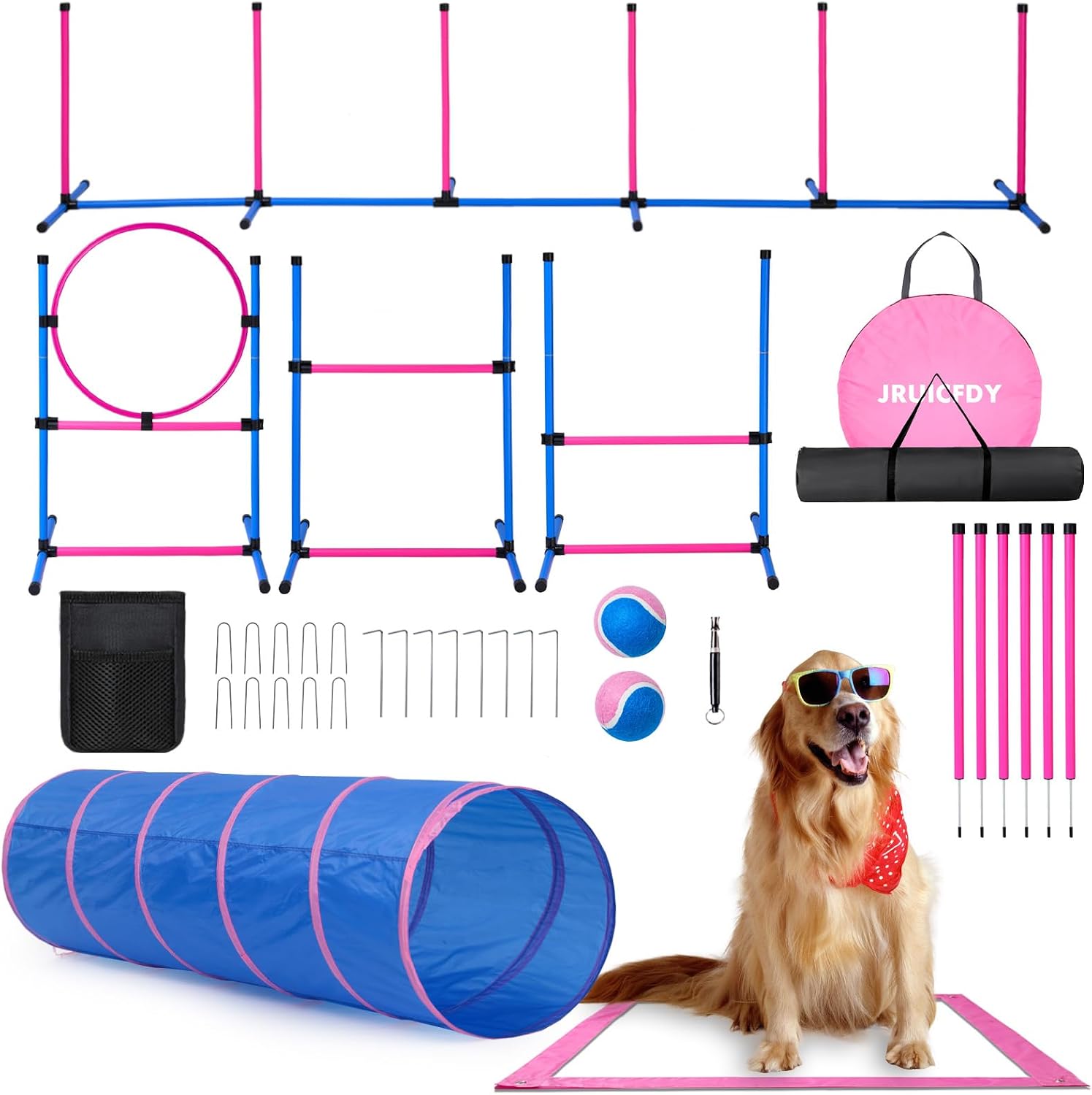Dog Agility Course Backyard Set, Dog Agility Equipment, Pet obstacle Course Backyard with 6 Dual Mode Weave Poles, 2 Adjustable Hurdle, Jump Ring, Tunnel, Pause Box, Toy Balls and 2 Carrying Bags,Pink