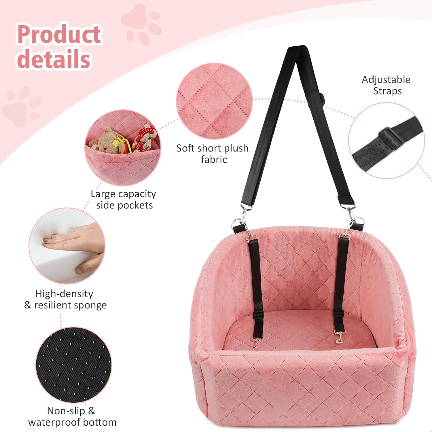 NEEZUKAR Dog Car Seat for Small Medium Dogs,Detachable Washable Dog Booster Seat Under 30lbs, Pet Car Seats Travel Bed with Storage Pockets and Safety Belt(Pink) - Image 4