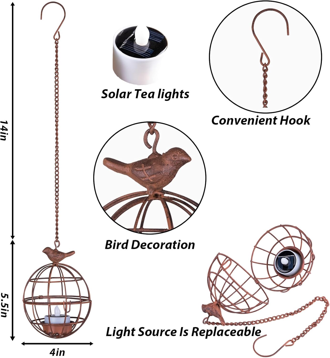Outdoor Solar Hanging Lantern Lights, 4 Pack Rustic Ball Birdcage Hanging Candle Holder with Solar Tea Lights, Outdoor Waterproof Decorations for Patio, Backyard, Pergola, Tree Decor (Dark Orange) - Image 6