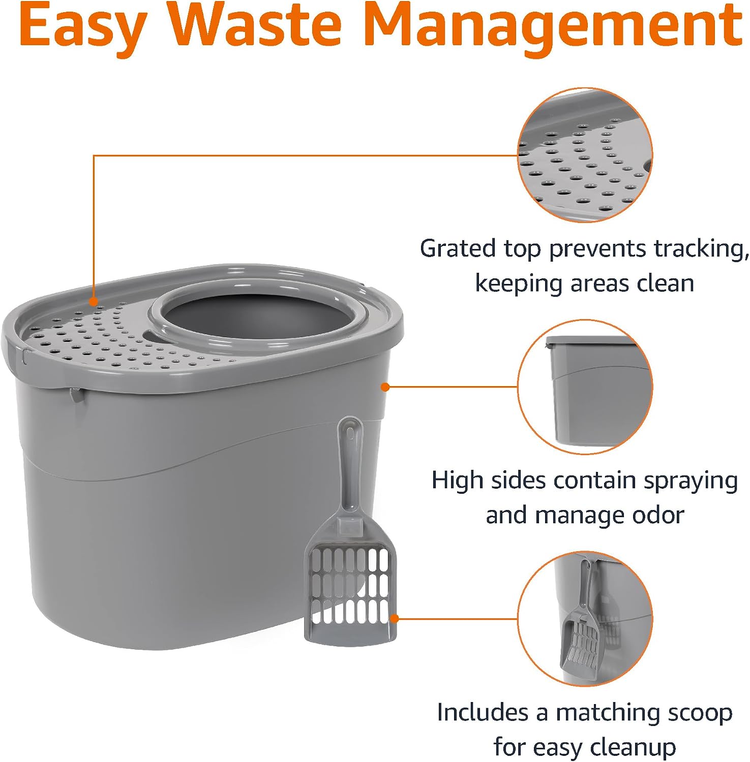 Amazon Basics Large Cat Litter Box with High Sides, Top Entry, Odor Control, Includes Scoop, 20.5 x 14.75 x 14.38 inches, Grey - Image 2