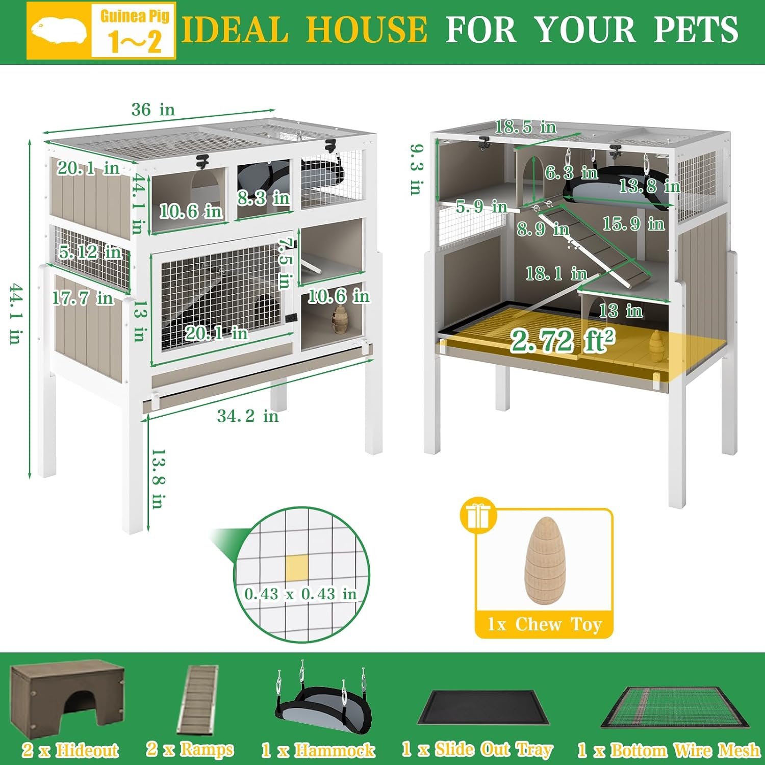 Guinea Pig Cage Indoor, 3-Tier Wooden Small Animal Habitat with Stand, Rabbit Hutch with Ramp, Removable Hammock & Hideout, Leak-Proof Pull-Out Tray for Guinea Pigs, Rabbits, Hamsters - Image 2