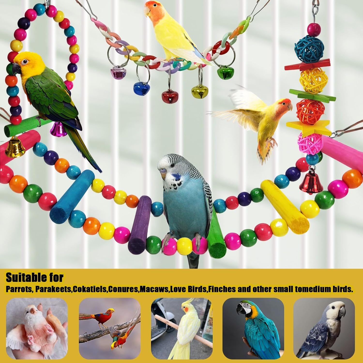 Parakeet Toys,7 Pcs Colorful Bird Toys for Parakeets,Pet Bird Cage Hammock Swing Climbing Ladders Chewing Toy Mirror Hanging Bell Wooden Perch for Budgerigar,Conures, Love Birds,etc - Image 4