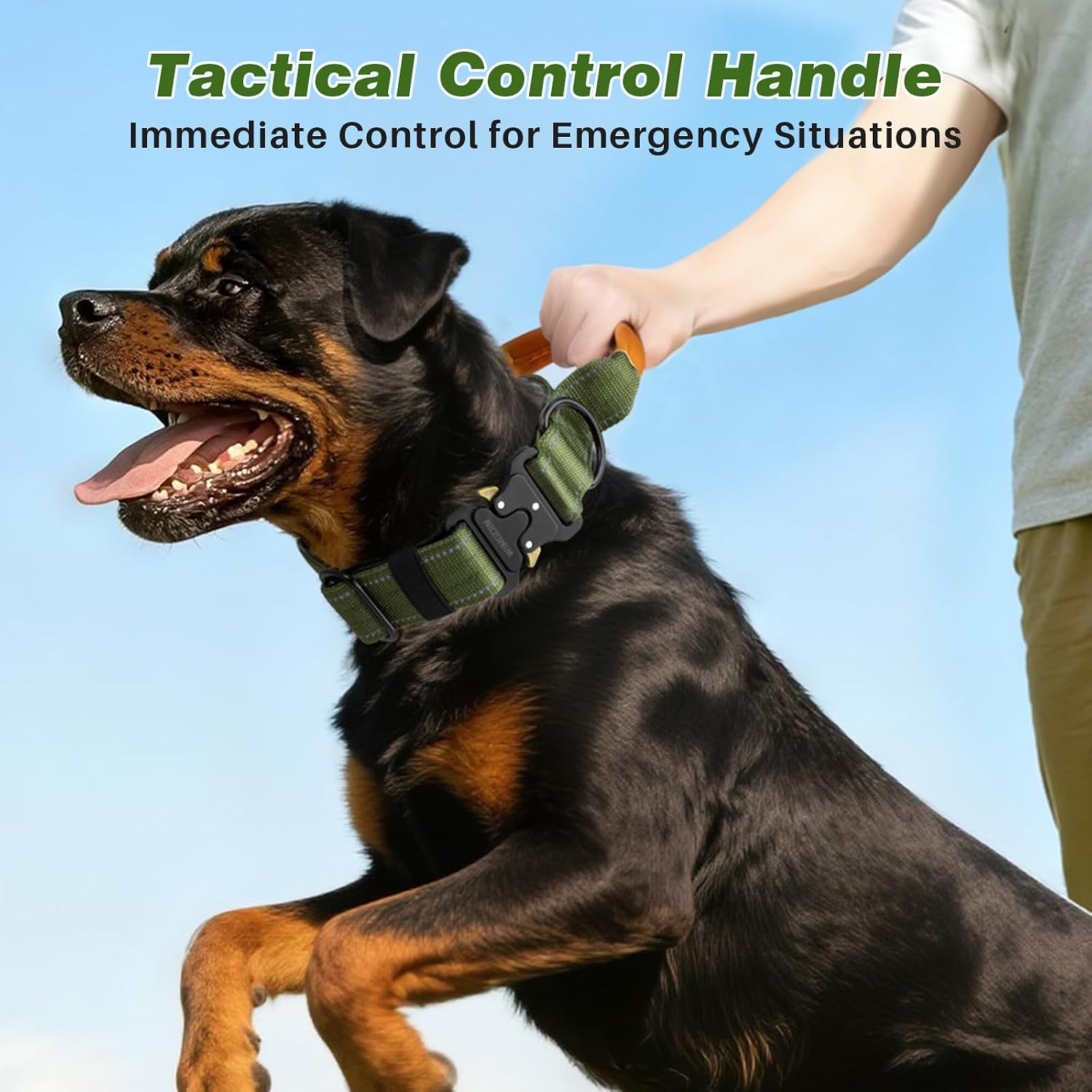 WINGOIN Tactical Dog Collars for Medium and Large Dogs, Reflective Collar | Heavy Duty Collar Matching Leash & Harness | Quick Release | AirTag Holder | Padded Nylon | Green | Training Hunting Walking
