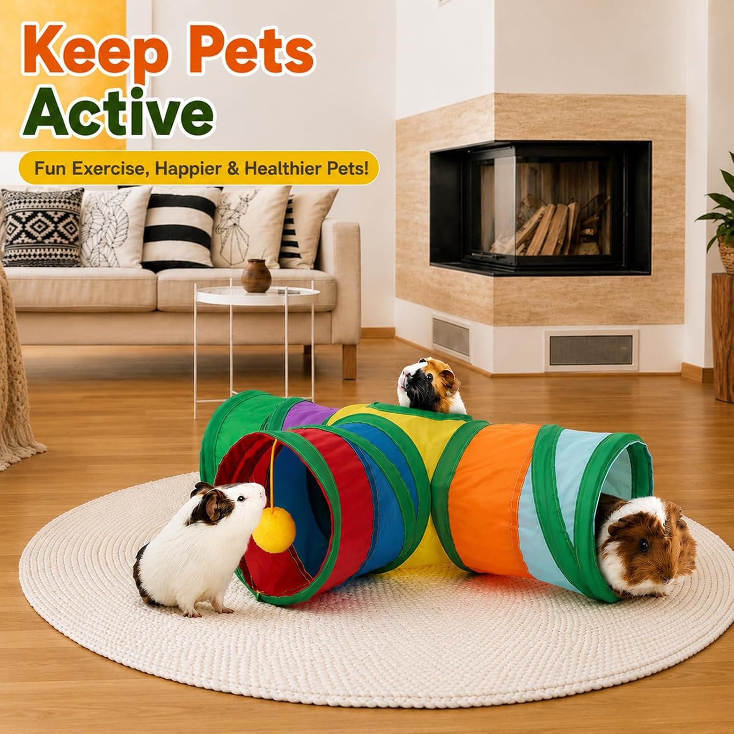 Rypet Guinea Pig Tunnel Hideout 3-Way Collapsible Small Pet Tubes, Rainbow | 3 Way Design for Exploration, Collapsible for Easy Storage, Built-in Play Ball, Hiding & Resting for Hamsters Ferrets - Image 6