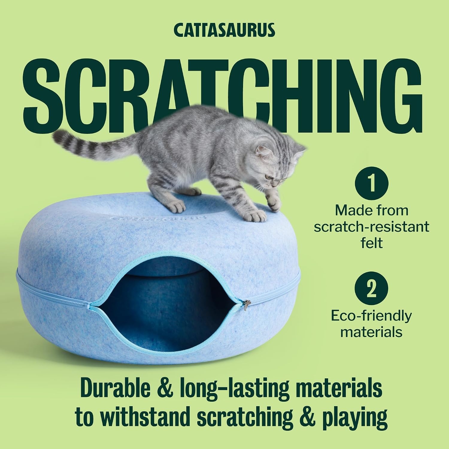Cattasaurus Peekaboo Cat Cave Donut for Multiple & Large Cats up to 30-45 lbs, 3-in-1 Self Warming Cat Bed, Tunnel & Scratcher for Indoor Cats, Washable & Detachable Small Dog Bed (Blue, Large) - Image 5