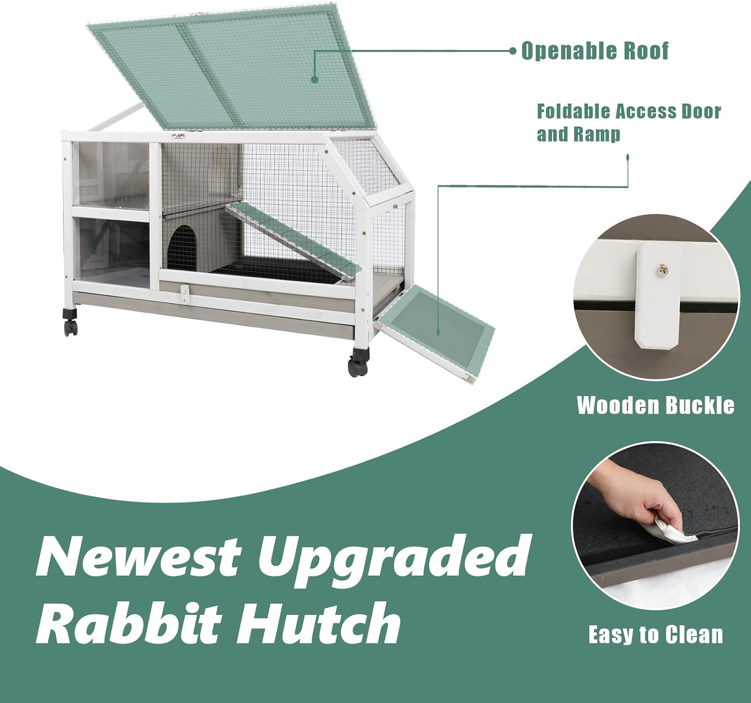 Gowoodhut Indoor Rabbit Hutch - 36''L Outdoor Wooden Bunny Hutch with Wheels Rabbit Cage Guinea Pig Cages Removable Pull Out Tray, Ramp, Hideout, Small Animals Pet House Hamster Ferret for Bunny Cage - Image 4