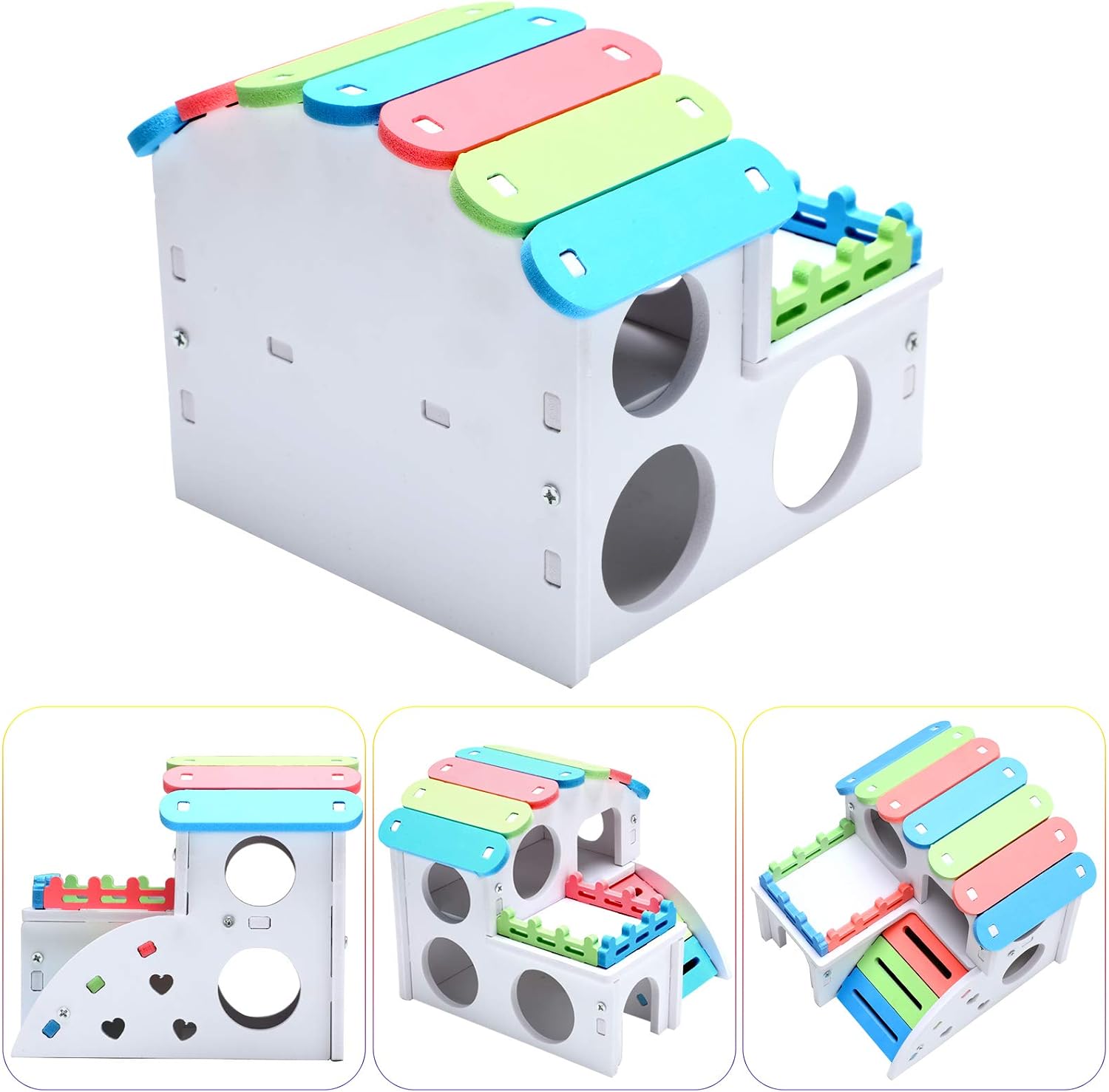 3 Pieces Fun Hamster Guinea Pig Hideout Kit Include PVC Hamster House, Rainbow Bridge, Seesaw DIY Exercise Playhouse for Rats Mouse Small Animals(Small,Rainbow Color) - Image 3