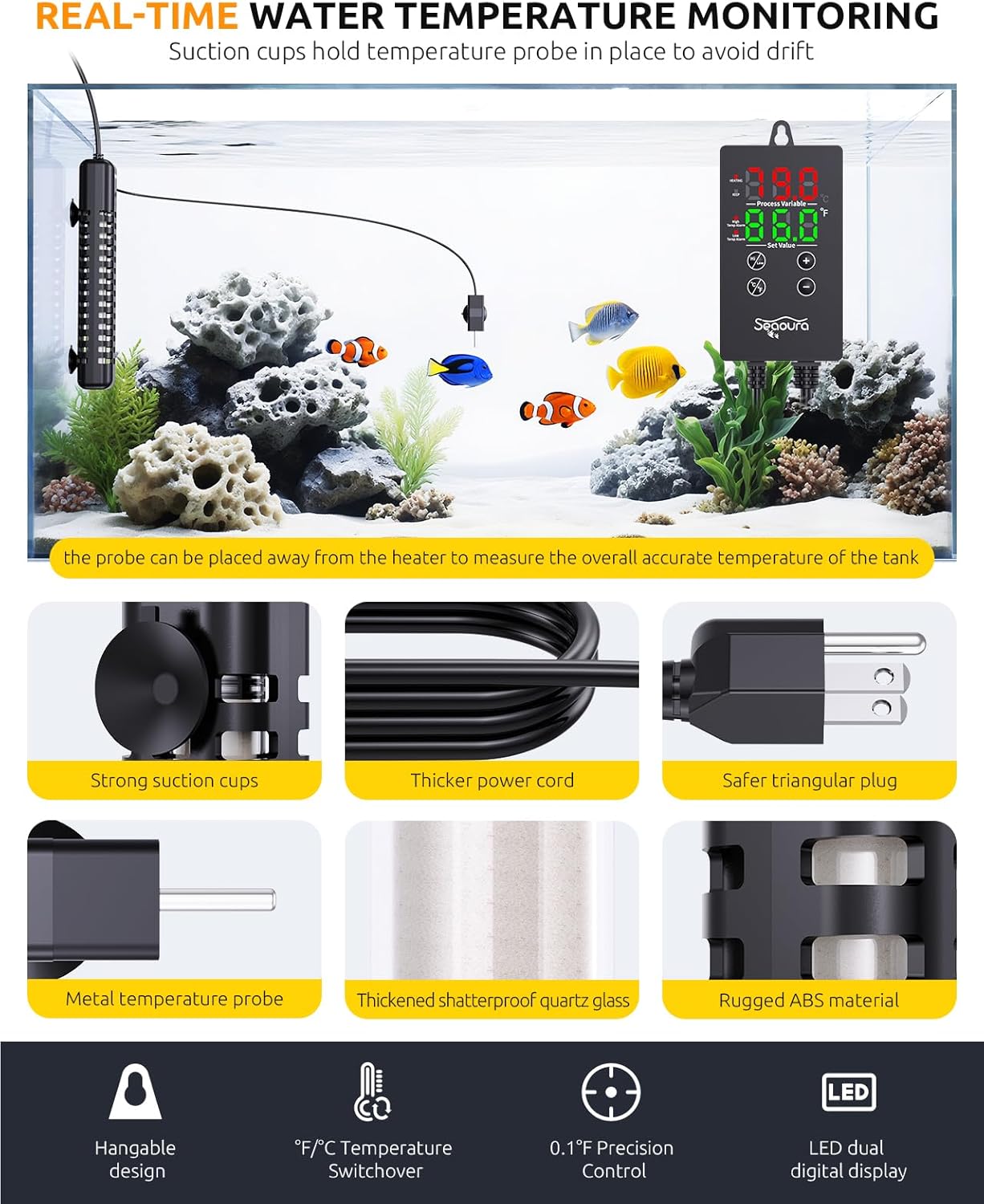 SEAOURA Aquarium Heater, 300W Fish Tank Heater for 50-60 Gallon, Submersible Heater for Aquarium with Over-Temperature Protection, Intelligent Controller & Auto Power-Off - Image 6