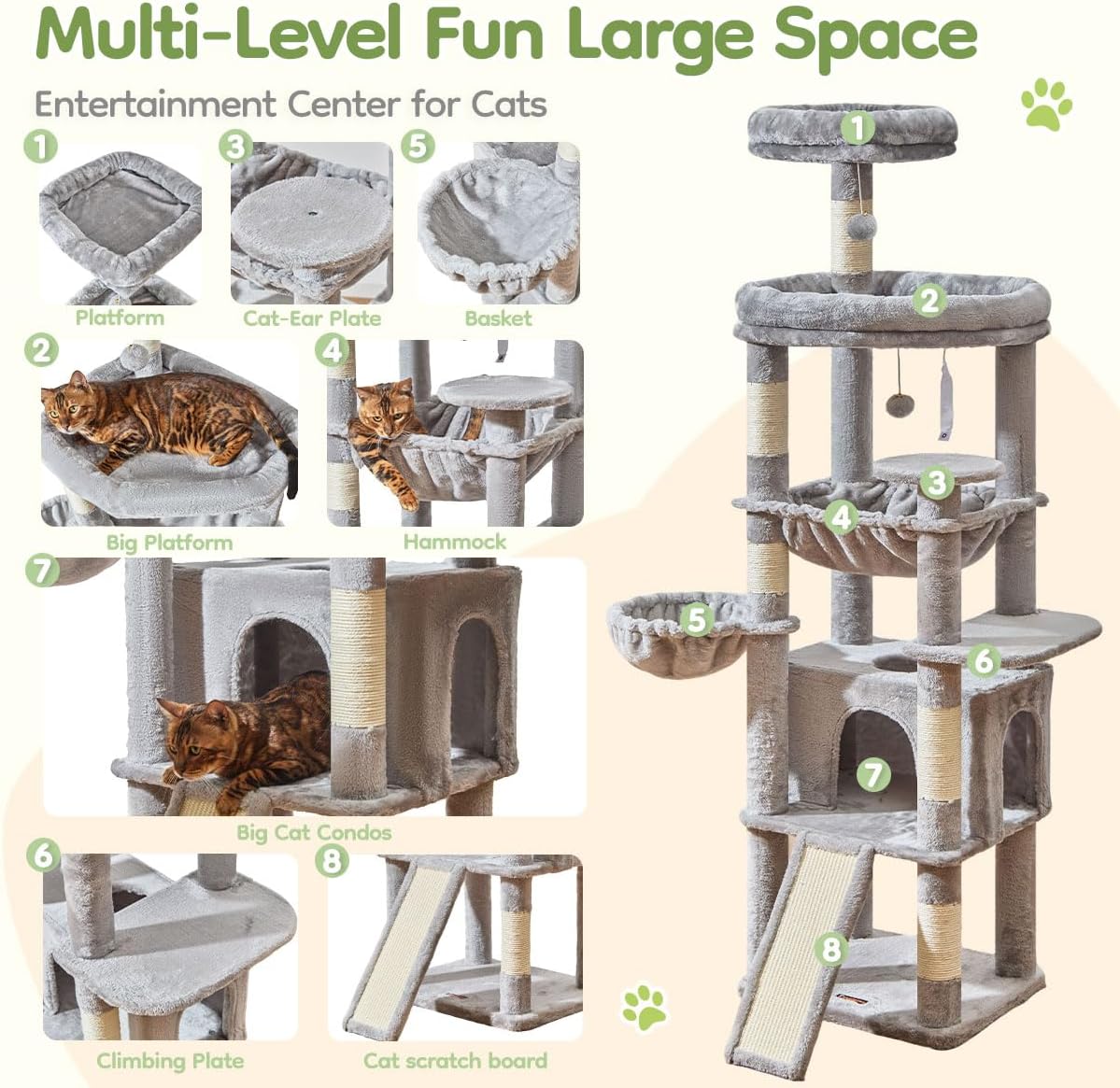 Taoqimiao 72 Inches Cat Tree for Large Cats, Multi-Level Tall Cat Tower, Widened Cat Condo with Large Scratch Board, 5 Scratching Posts, Metal Hammcock, Cozy Basket, Light Gray, MS045W - Image 2