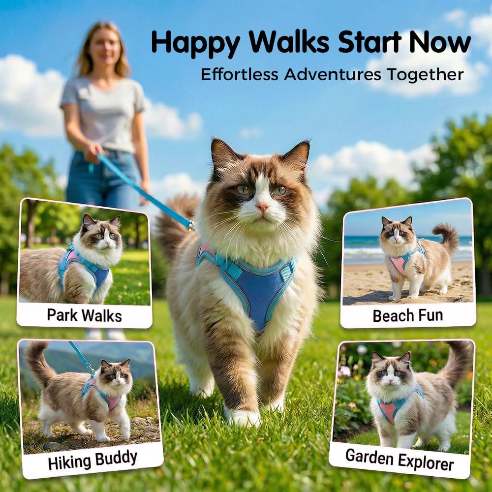 Cat Harness and Leash, Escape-Proof Cat Harness Set, Adjustable Step-in Pet Harness for Walking for Small Medium Dogs/Cats (Blue, M) - Image 6