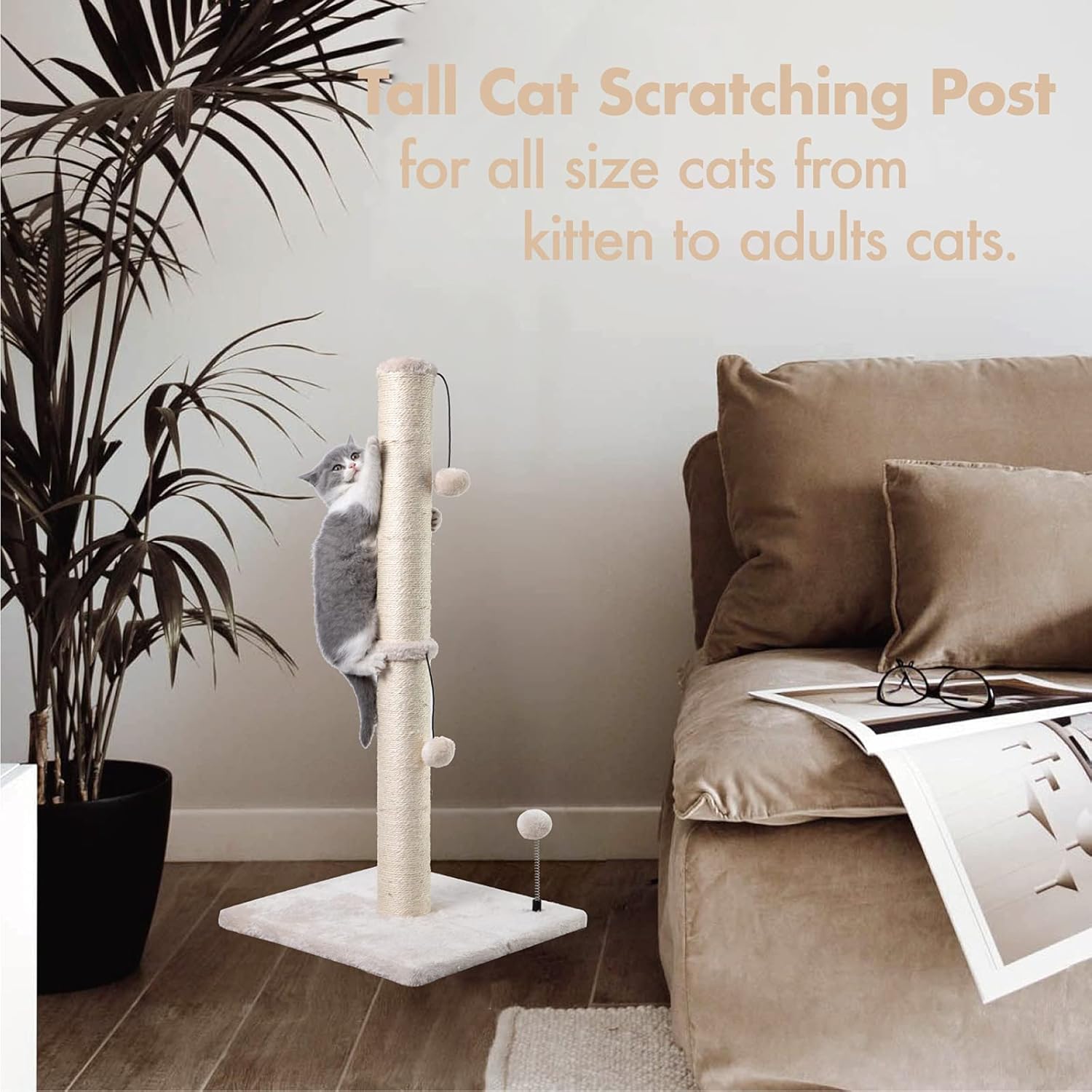 MECOOL 34” Tall Cat Scratching Post Premium Basics Kitten Scratcher Sisal Scratch Posts Trees with Hanging Ball for Indoor Cats, Beige - Image 5