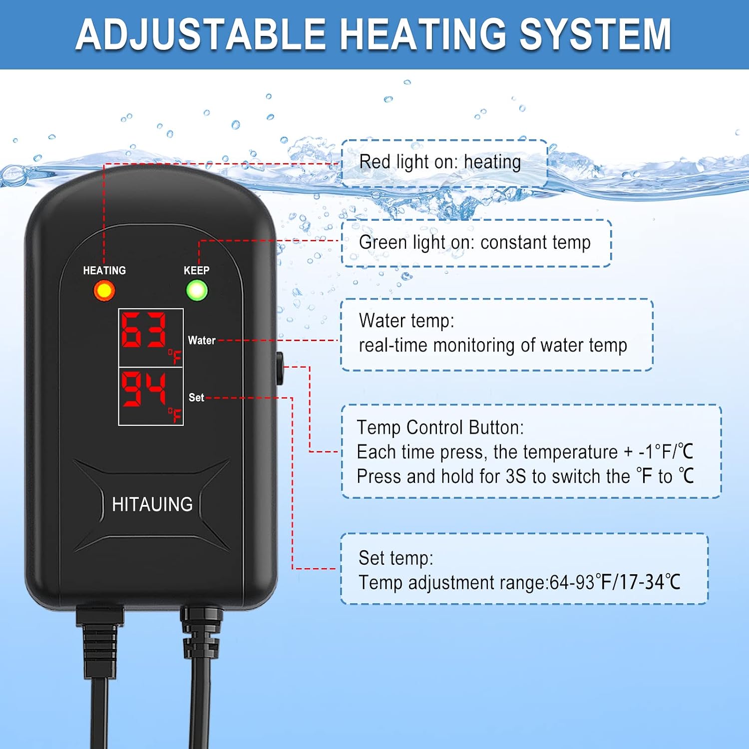 HiTauing Aquarium Heater, 300W Fish Tank Heater with LED Digital Display & 5 Safety Protection, Submersible Aquarium Heater with 2 Suction Cup and 8.2Ft Cord for 40-75 Gallon Fish Tank. - Image 4