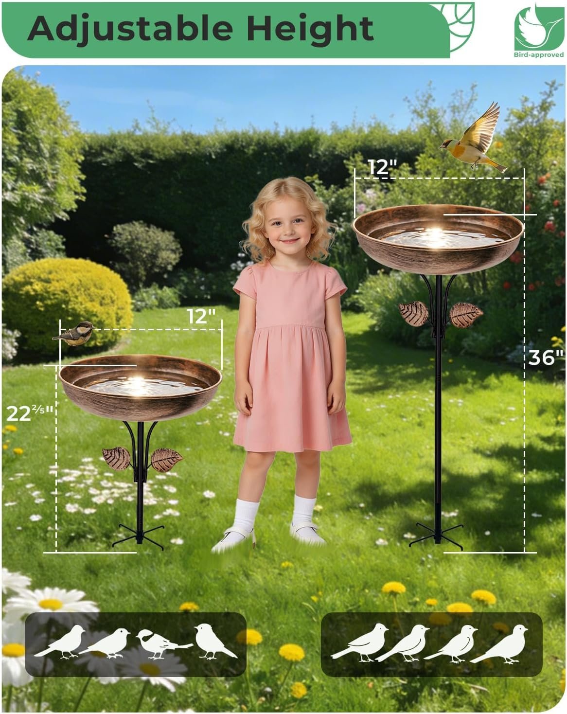 Metal Bird Bath for Outdoors, 12" Dia Bowl with Stable Upgrades Stake Birdbaths Garden Yard Lawn Decor 0.7 Gallon - Image 4