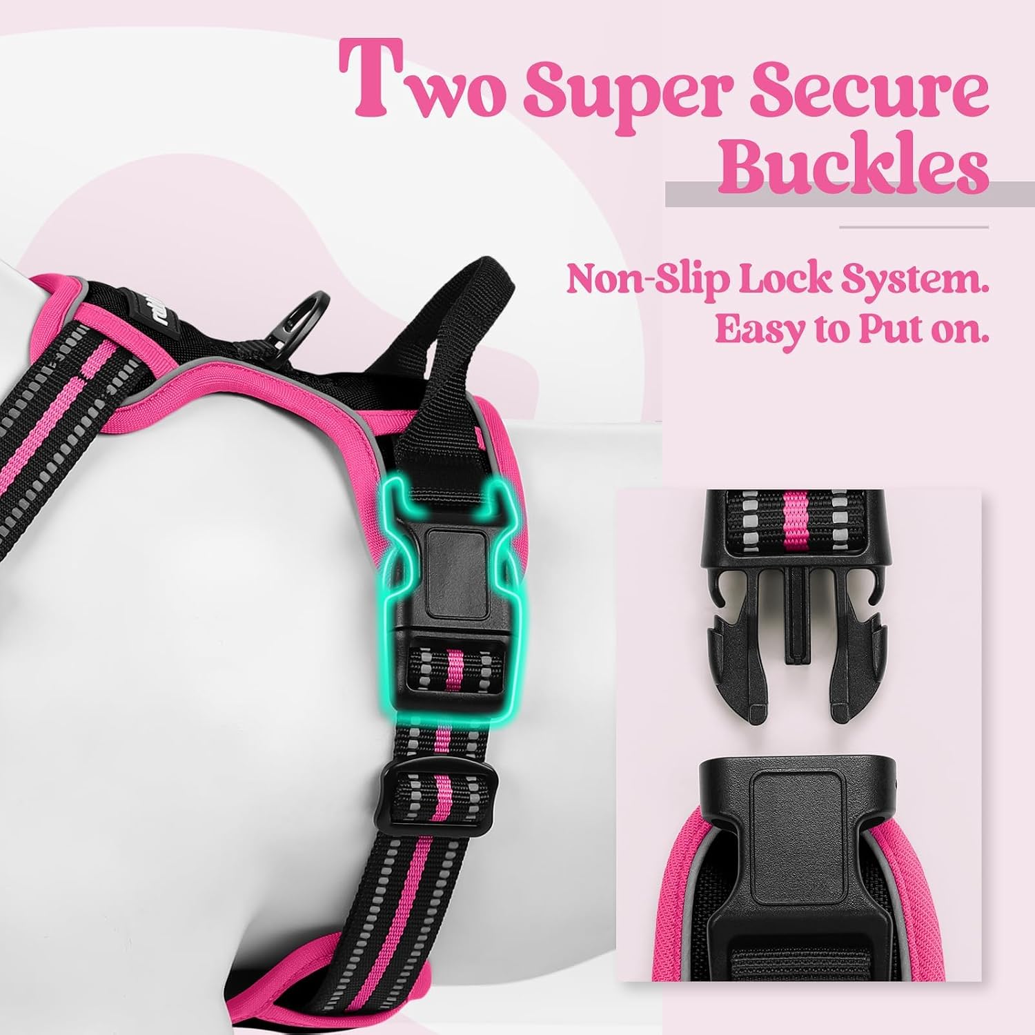rabbitgoo Dog Harness No Pull with 2 Leash Clips, Adjustable Soft Padded, Reflective Oxford No Choke Pet Vest with Easy Control Handle for Large Dogs, Black & Hot Pink, L - Image 3