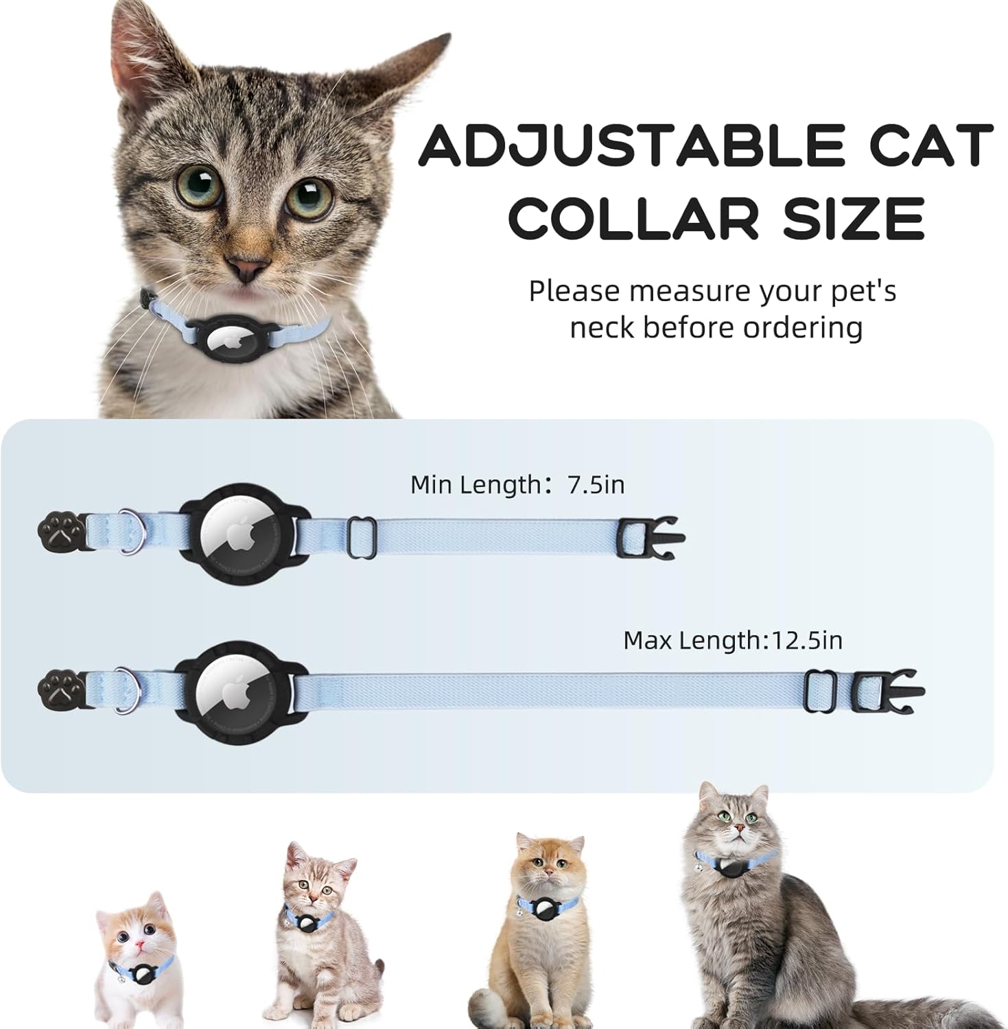 AirTag Cat Collars, Stretchy Collar with Air Tag Holder and Bell | Breakaway - Ultra Design Elastic - GPS Tracking Collars - Adjustable Size for Cats & Puppies 7.5-12.5" - (Blue) - Image 3