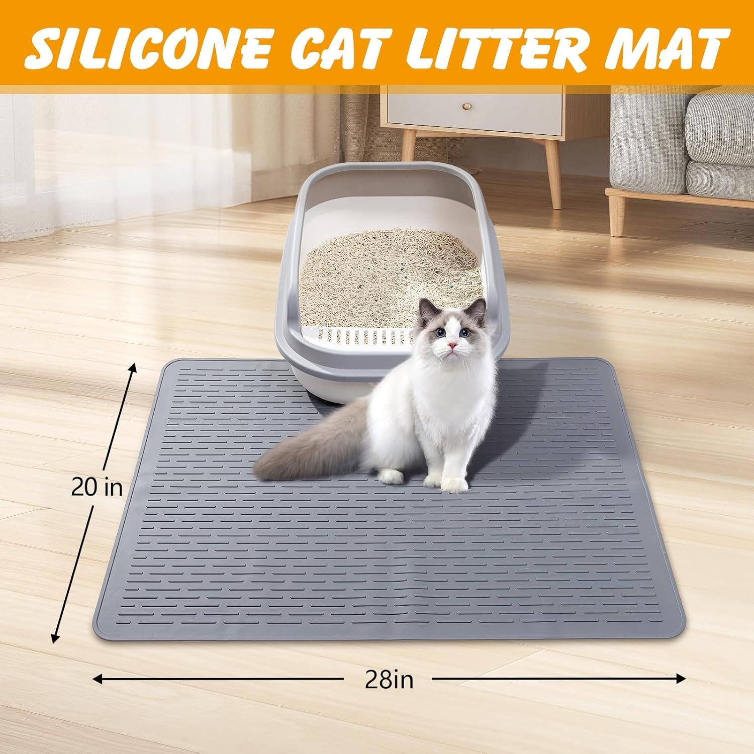 Silicone Cat Litter Mat, Waterproof, Raised Edge, 28 x 20 in, Gray | Quick-clean silicone, traps litter, leakproof floor protection, non-slip base, doubles as feeding mat - Image 3