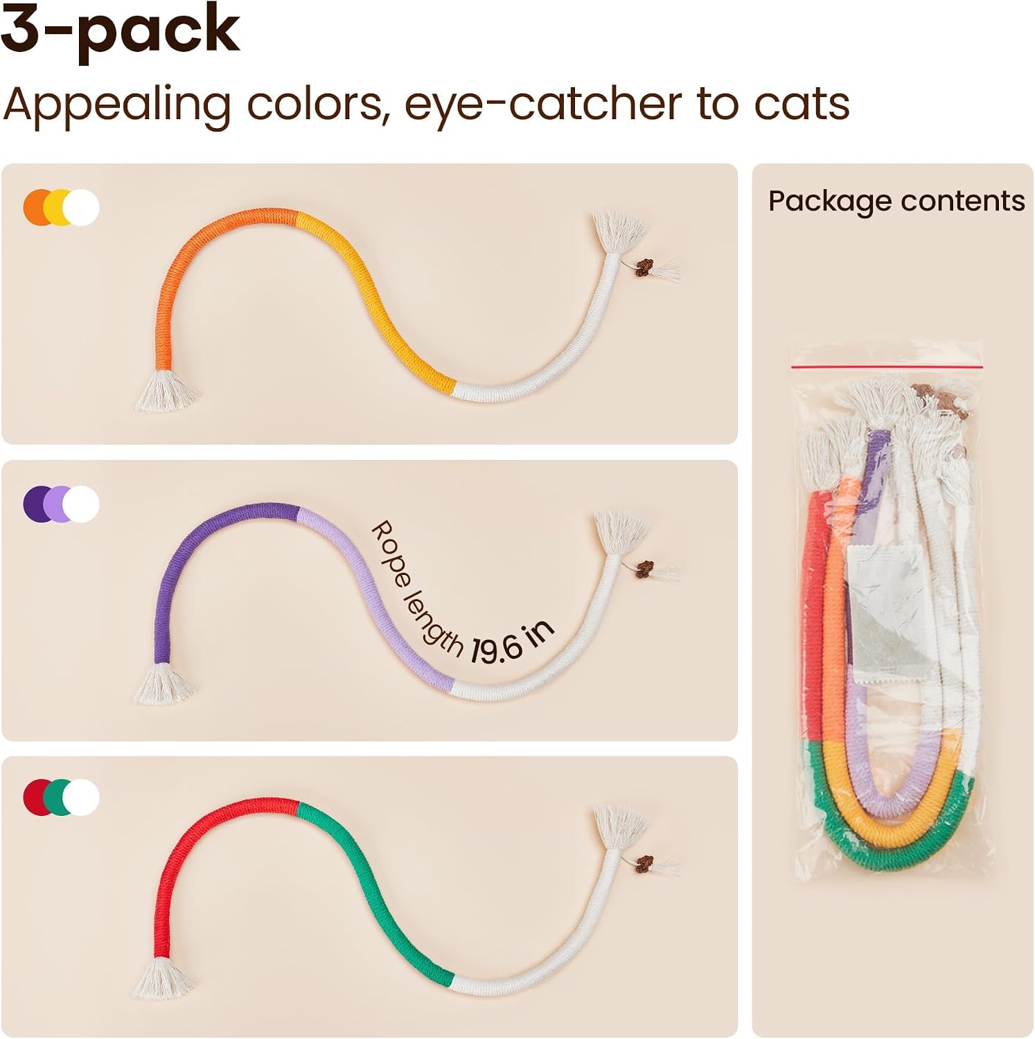 Potaroma Cat Toys Chew Ropes 3Pcs with Refillable Natural Catnip, Safe Teeth Cleaning Toy for Indoor Kittens, Interactive Cat Nip Kitty Toys for All Breeds 19.5 Inches | Safe Teeth Cleaning & Teething for Indoor Kittens, Interactive Cat Nip Kitty Toys for All Breeds 19.5 Inches - Image 6