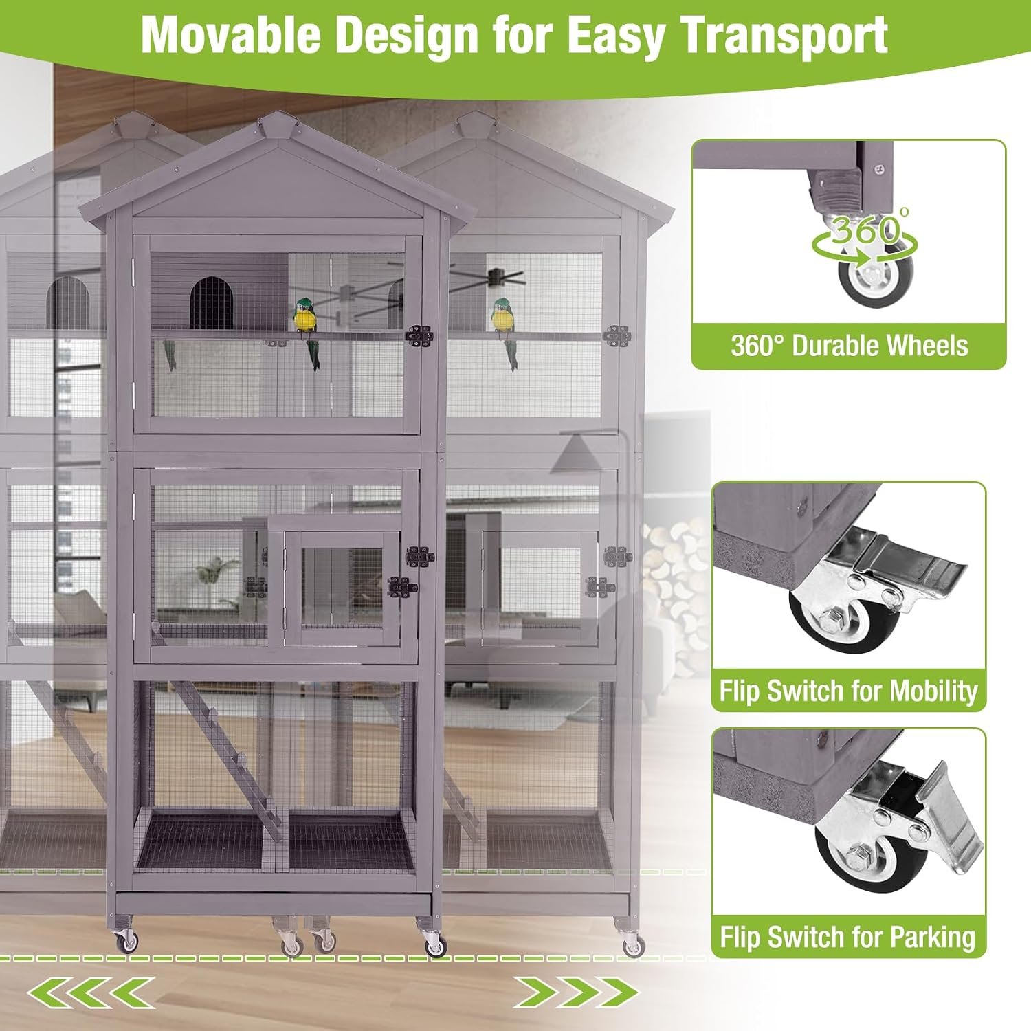 GUTINNEEN Large Bird Cage Outdoor Wooden Aviary Indoor on Wheels, with Play Stand, Perches, Nest Habitat & Wire Mesh Tray for Easy Cleaning - Image 2