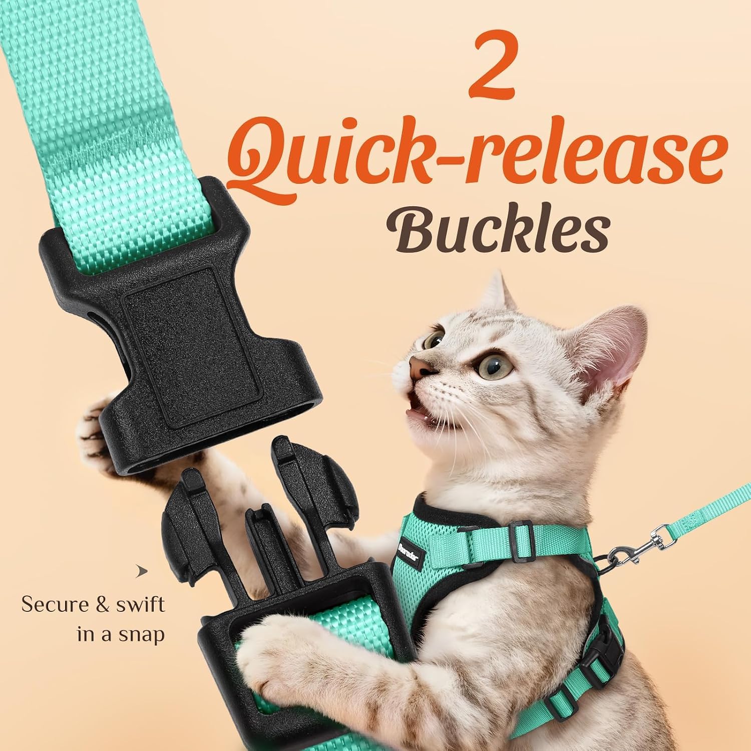 Dooradar Cat Harness and Leash Set, Adjustable and Escape Proof, Xs | Easy Fit, Snap Buckles, Soft Breathable Vest, Sturdy Clip, Reflective Strips, for Small & Average Cat Walks, Green - Image 4