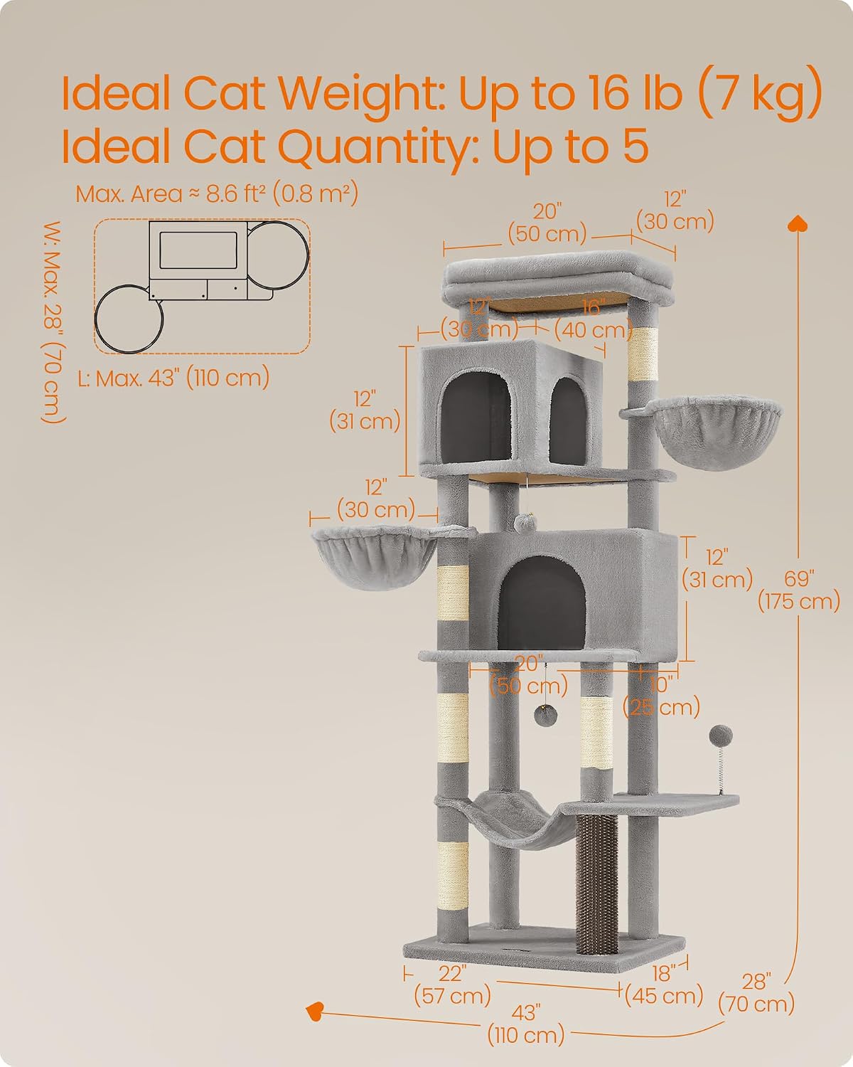 Feandrea Cat Tree, 69-Inch Tall Cat Tower, Multi-Level Plush Condo with 2 Caves, 2 Baskets, 5 Scratching Posts, Self-Groomer, Perch, Hammock, Dove Gray UPCT182G01 - Image 5