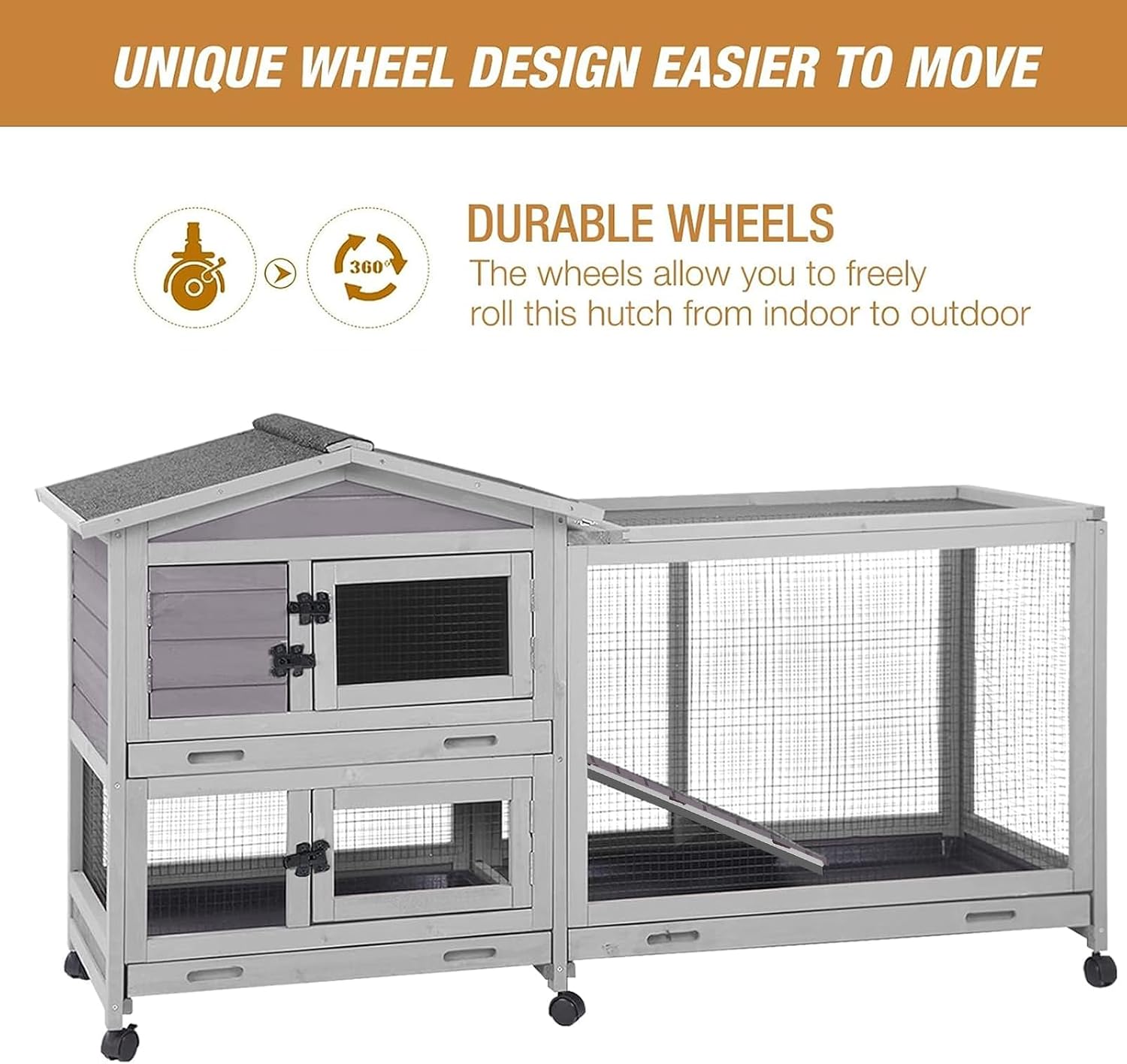 Bunny Cage Indoor and Outdoor Rabbit Hutch with Casters Waterproof Roof, Pull Out Tray from Back and Front 61.2" L x 22.6" W x 33.5" H - Image 3