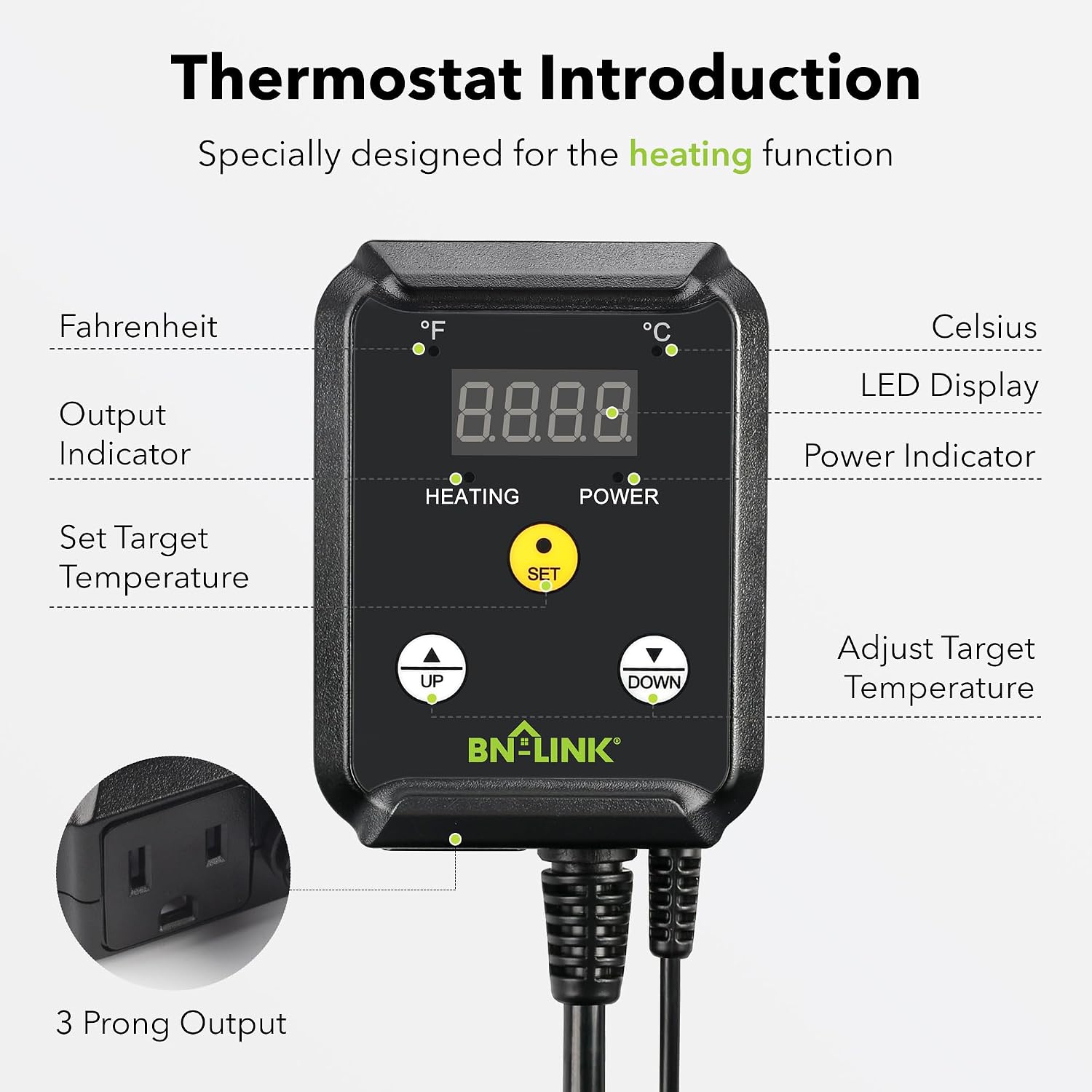 BN-LINK Reptile Thermostat Temperature Controller, Digital Heat Mat Thermostat for Seed Starting, Plant Germination, Greenhouse, Incubator, Brooder, Brewing, Reptiles Tank,40-108°F, 1000W, ETL Listed - Image 2