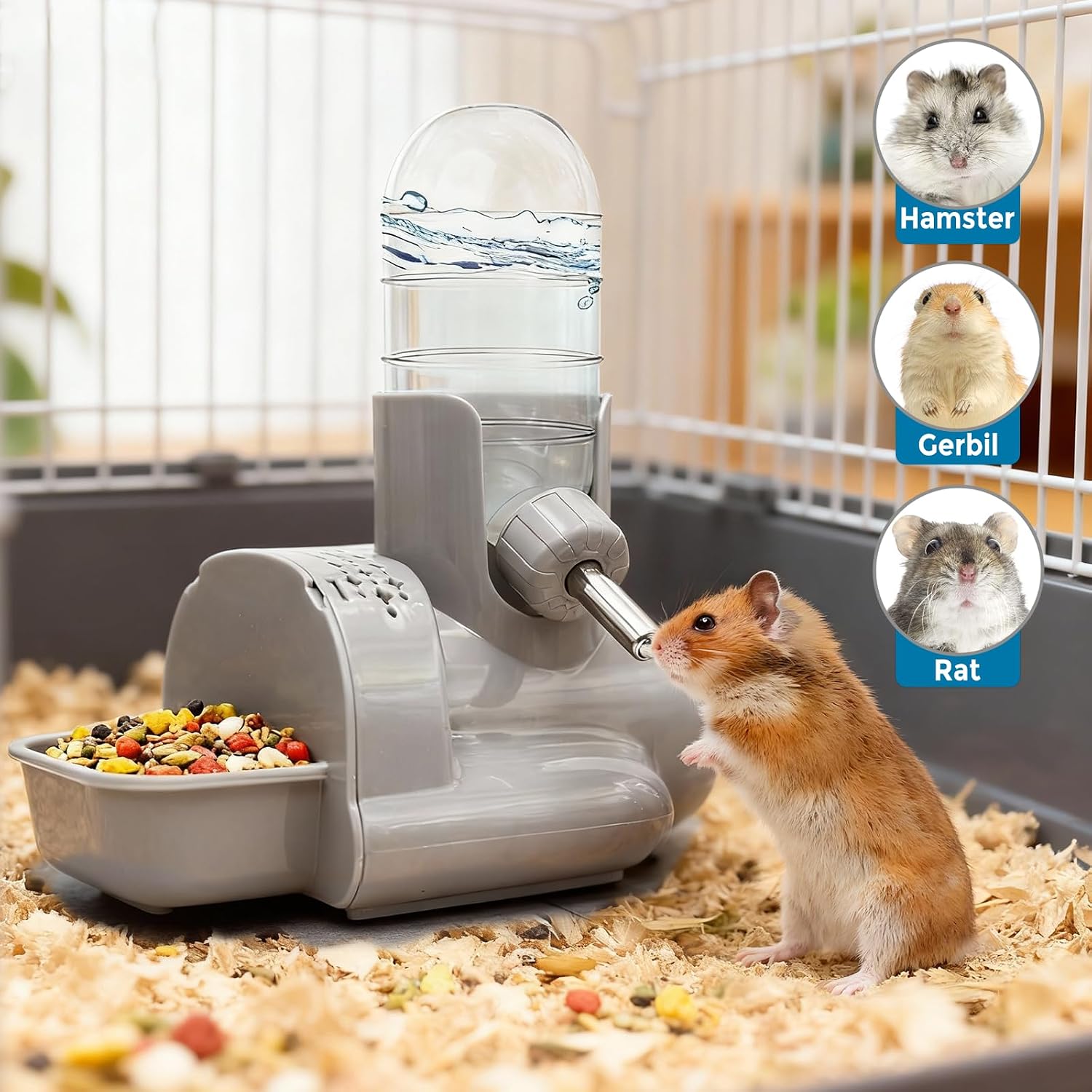 VANNON 3-in-1 Hamster Water Bottle with Food Bowl & Hideout Base, Grey | 3-in-1 feeding station combines water, food and hideout space to help keep hamster cages organized and easy to maintain. - Image 2