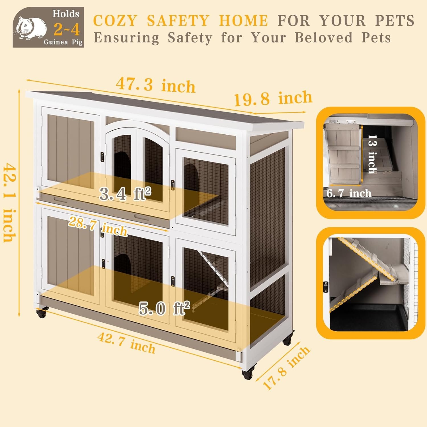 Gowoodhut 47" L Large Guinea Pig Cage Indoor with Wheels, 2-Story Wooden Hutch with 2 Deep Pull-Out Trays, Anti-Chew Ramps & Hideout for Hamsters, Ferrets & Rabbits, Grey, Easy-Clean Small Pet Home - Image 7