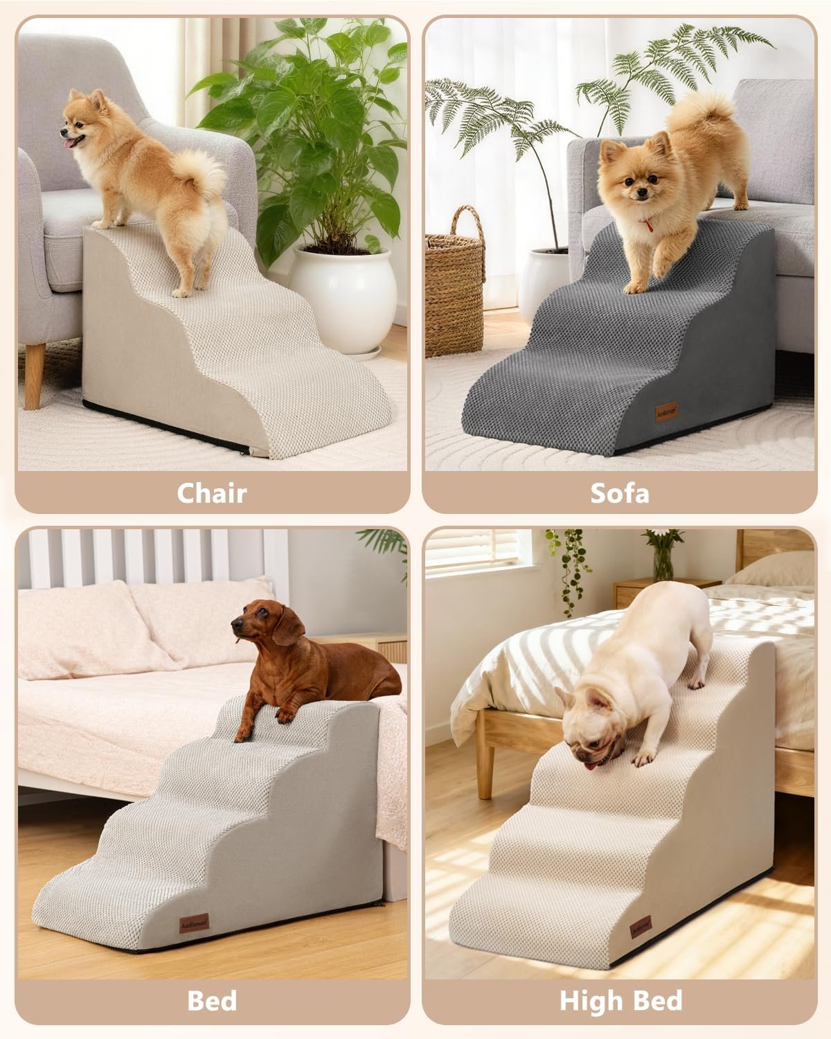 Aodisman Dog Stairs for Small Dogs,3 Step Dog Ramp for Couch,Non-Slip Steps | Pet stairs help small dogs, old cats, and puppies reach couches and chairs easily, durable indoor dog steps,15.4" H,Beige - Image 7