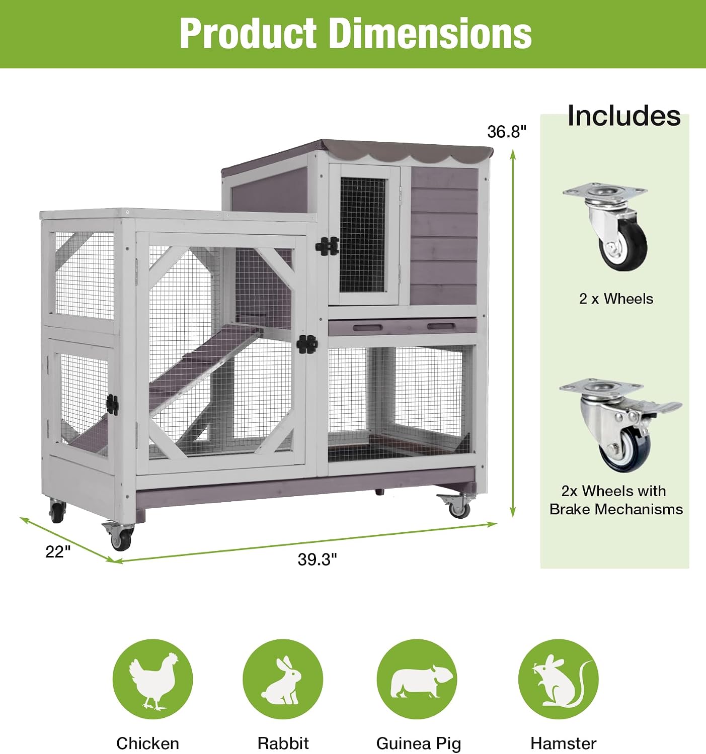 GUTINNEEN Wooden Duplex Rabbit Cage on Wheels with Chew-Proof Ramp, Grey | 4 mobile swivel casters, 2-story design, waterproof rain cover, 5 access doors, 2 sliding trays - Image 8