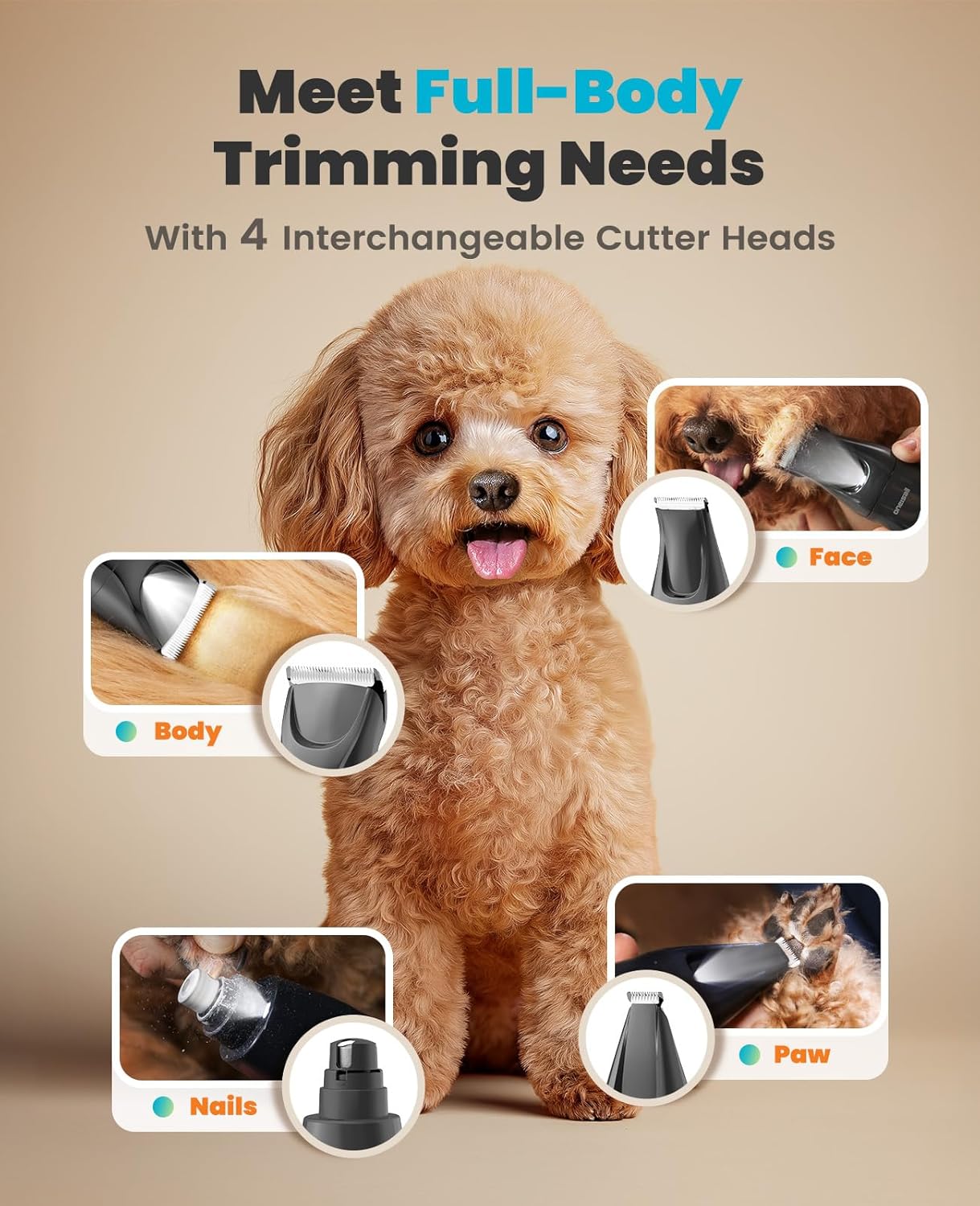 oneisall Professional 4-in-1 Dog Grooming Kit with LED Light | Quiet Clippers & Nail Grinder, Cordless, 3.7 hrs Runtime, LED Display, Safe for Paws, Face, Ears & Body - Image 2