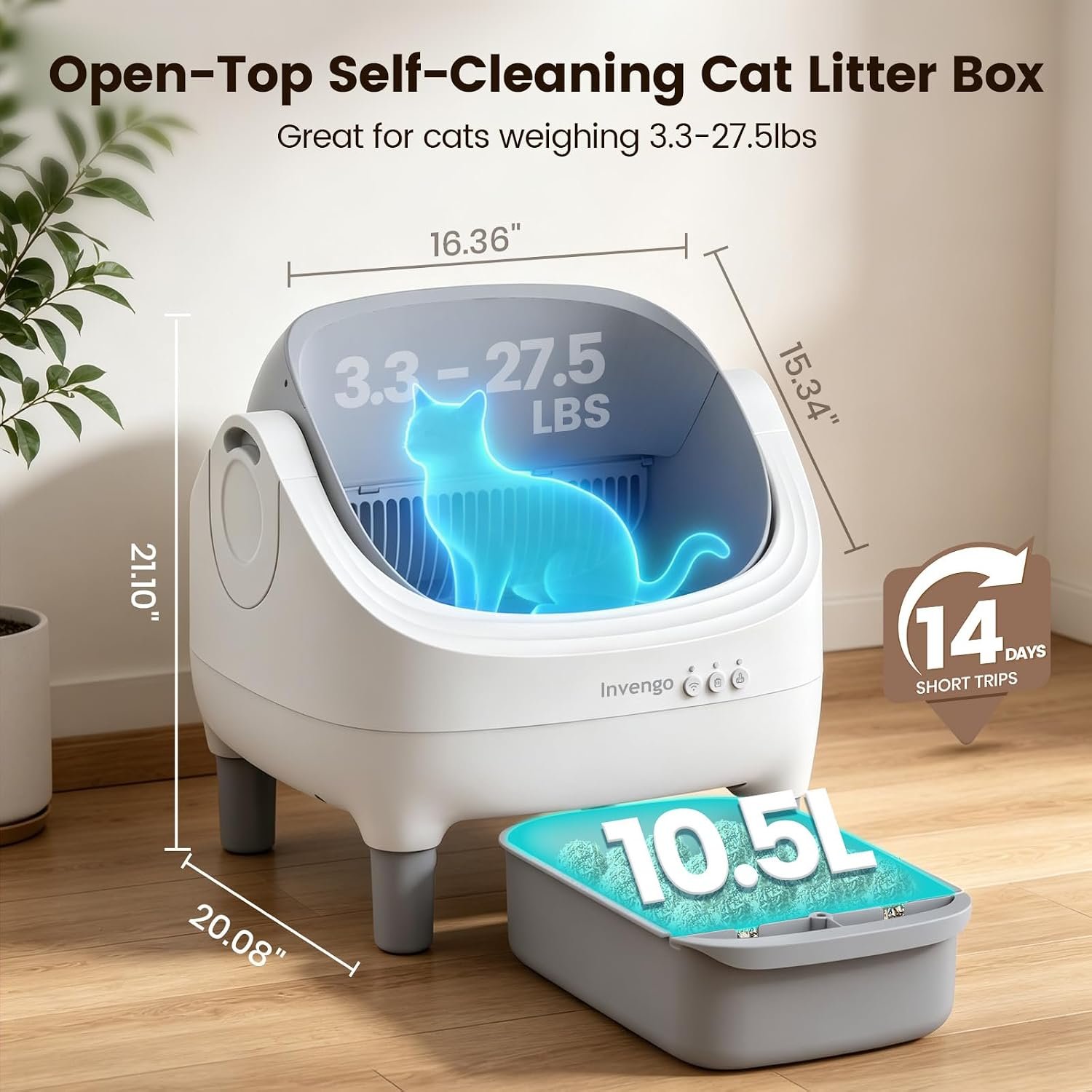 Invengo Automatic Cat Litter Box Self Cleaning, App Control, Open-Top Automatic Litter Box with Safety Sensors, Ultra-Quiet, 10.5L Waste Bin with Odor Control, 2 Rolls of Garbage Bags, LightGrey - Image 4