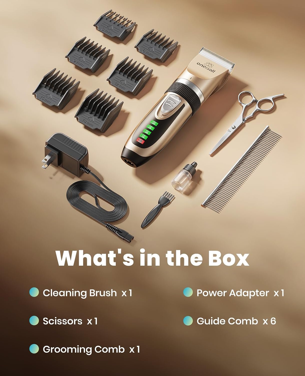 oneisall Dog Grooming Clippers with LED Display for Dogs & Cats | Low Noise Quiet,2-Speed,Cordless Rechargeable,Fast Charge,Detachable,Waterproof,Battery Level Display, Model X2,Gold - Image 9